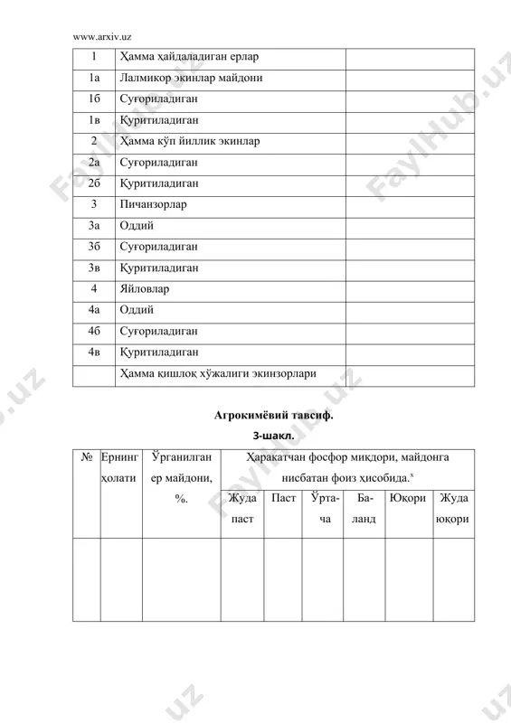 берилади. агроиқлимий тавсиф махсус қўлланмалар, тўпламлар маoлумоти ёки ўша майдондаги метеостанцияни кузатув натижалари асосида берилади. миқдорий кўрсаткичлар катта аниқликда, яoни ўндан бир даража аниқликда берилади. географик кенгликлар градусларда маoмурий хариталар асосида 1:4 млн. масштабдаги харита ёрдамида аниқласа бўлади. бу иш учун 1:5 млн. масштабдаги хариталар яроқсиз. тупроқларнинг номи таснифдаги рўйхат асосида берилади, лекин маҳаллий шароитни ҳисобга олган ҳолда ўзгартиришлар киритилиши ҳам мумкин. қолган маoлумотлар тупроқларни хариталаш ва уларга тузатиш киритиш ишларида қандай бажарилса ўшандай амалга оширилади. юқоридаги маoлумотлар тўплангандан сўнг тупроқларни экологик жиҳатдан баҳолаш қуйидагича ўтказилади. тупроқ эқологик индекси (тэи) қуйидаги формула асосида ҳисобланади. q v - бир метрли қатлам учун ўртача ҳажм масса, г/см3. 2 - бир метрли қатлам учун максимал ҳажм масса, г/см3. vф - тупроқни фойдали ҳажми. q - тупроқни ҳисобга олиниши зарур бўлган қўшимча хоссалари. (t°>10° + 10° дан юқори бўлган ўртача йиллик ҳароратлар йиғиндиси. nк - намланиш коэффициенти. nт - намланиш коэффициентига тўғрилагич. кk - …