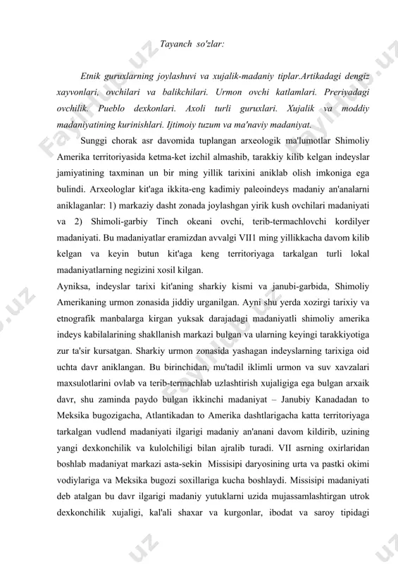 om kildirib, uzining yangi dexkonchilik va kulolchiligi bilan ajralib turadi. vii asrning oxirlaridan boshlab madaniyat markazi asta-sekin missisipi daryosining urta va pastki okimi vodiylariga va meksika bugozi soxillariga kucha boshlaydi. missisipi madaniyati deb atalgan bu davr ilgarigi madaniy yutuklarni uzida mujassamlashtirgan utrok dexkonchilik xujaligi, kal'ali shaxar va kurgonlar, ibodat va saroy tipidagi inshootlar bilan ajralib turadi. vudlend madaniyatidan missisipiliklar uzining sopol buyumlari xamda yangi formadagi nakshlar, yogo, tosh va chiganoklardagi yuksak badiiy uymakorlik va nakkoshlik san'ati, metall buyumlar yasash maxorati bilan xam fark kilganlar. demak, yevropaliklar shimoliy amerikaga kelgunga kadar indeyslar yuksak madaniyat yaratganlar. indeyslar jamiyati bu davrdan boshlab sinfiy tuzumga uta boshlaganlar. tadkikotchilar bu davrni ikki muxim boskichga buladilar: eng rivojlangan ibodat kurgonlarini tiklash boskichi va kurgon inshootlarining periferiya rayonlariga tarkalish boskichi, ya'ni yuksak indeyslar madaniyatining boshka sharkiy urmon zonasi va dasht, daryo vodiylariga zur ta'sir kilib uz xukmronligini tulik urnatgan boskichi. mazkur madaniyat maxalliy an'analar bilan kushilibi indeyslarning …