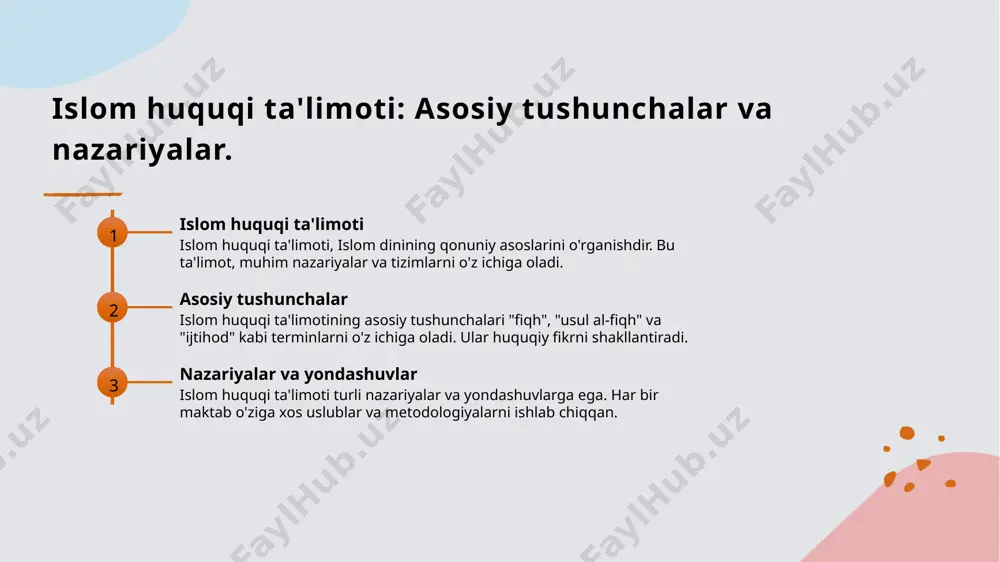 iqh maktablarining tarixi, asosan, viii asrda boshlanadi. hanafi va shafi'i maktablari mintaqada keng tarqalgan. o'zbekistonda islomiy fiqh maktablari, asosan, ilmiy tadqiqotlar va diniy ta'lim orqali rivojlangan. tarixiy shaxslar, masalan, imom buxoriy, muhim rol o'ynagan. bugungi kunda o'zbekistondagi fiqh maktablari, an’anaviy uslublar bilan zamonaviy yondashuvlarni birlashtirib, islomiy huquqni yangilashga intilmoqda. islomiy huquq va o'zbekiston: madaniyatga ta'siri va muhim jihatlari. 01 islomiy huquqning mohiyati islomiy huquq, shariat asosida belgilangan qoidalar to'plami bo'lib, musulmonlar hayotini tartibga solishda muhim rol o'ynaydi. 02 o'zbekistondagi ta'sir o'zbekistonda islomiy huquq, madaniyat va an'analar bilan chambarchas bog'liq bo'lib, xalqning ijtimoiy hayotiga chuqur ta'sir ko'rsatadi. 03 fiqh maktablari o'zbekistonda hanafi fiqh maktabi ustuvor bo'lib, uning qoidalari hayotning turli sohalarida amalda qo'llaniladi va jamoatchilikka xizmat qiladi. 04 zamonaviy yondashuvlar o'zbekistonda islomiy huquq zamonaviy muammolarni hal etishda yangi yondashuvlar bilan boyitilib, ijtimoiy adolatni ta'minlashga qaratilgan. o'zbekistonda fiqh maktablarining amaliyoti va zamonaviy yondashuvlar. 1 fiqh maktablari amaliyoti - o'zbekistonda fiqh maktablari amaliyoti, …