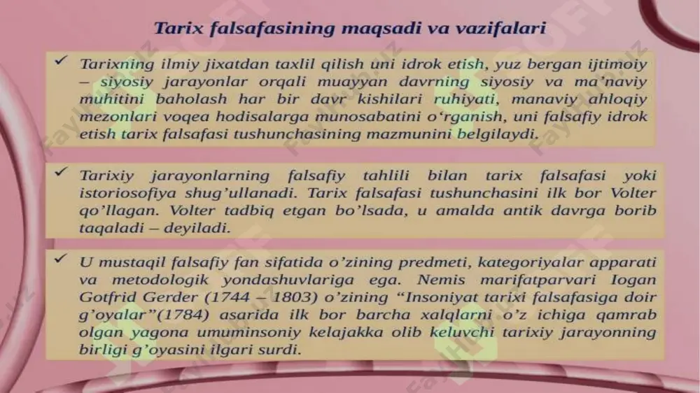 xslarning ruhiy kechinmalari, individualizm orqali hayotni anglash, hayot qonuniyatlari ayni ana shular ta’sirida amalga oshishini istaydigan, jamiyatni ruhiyatlashtirishga moyil bo’lgan g'oyalar avgustin falsafasini sindirib tashladi. gegel esa to’g’ridan-to’g’ri dunyoviy aql-zakovat, umuminsoniy tafakkur, insoniyat xatti-harakati va aql-idroki uyg'unligi asosida vujudga kelgan, ong va tafakkur hukmron bo’lgan yaxlit borliqni tarix deb tushunadi gegel falsafasi, uning tarixga munosabati tarix falsafasining yangi davrini ochib berdi. u tarix falsafasiga hayot qonuniyati, ma’naviy shakllanish jarayoni va inson rivojlanishining ma’naviy ehtiyoji sifatida qaraydi. har qanday g'oyalar, maqsadlar va intilishlar ana shu ichki ehtiyoj hamda shaxsning ma’naviy-ruhiy etuklik darajasidan kelib chiqishini ko’rsatib berdi. bu yaxlit holda tarix – inson tafakkurining, ma’naviy-ruhiy va axloqiy kamolotining mahsuli degan xulosaga kelishga imkon beradi tarix falsafasi–tarixiy tafakkur muammolari bilan shug'ullanadigan, insoniyat taraqqiyoti asosiy yo’nalishlarini qamrab olgan mustaqil bilimlar tizimi hisoblanadi. tarix – inson, zamon va makon falsafasi birinchidan, har bir tarixiy jarayon, ijtimoiy-siyosiy voqelik qandaydir siyosiy manfaat asosida dunyoga keladi. ayniqsa bosqinchilik, …