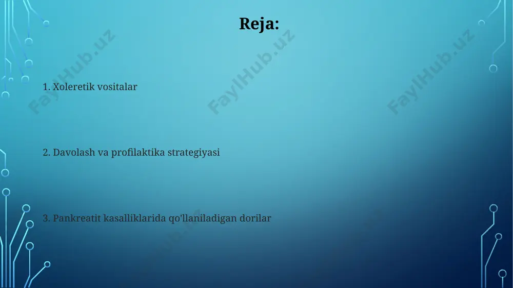 diskineziyasini davolashda qoʻllaniladi. xolegog agentlarining tasnifi ba'zi xolegogik preparatlar, masalan, ursodeoksikol kislota (udca) singari, 3-gidroksi-7-keto xol kislotalarining konjugatlarini o'z ichiga oladi, bu ularning o't hosil bo'lishini va chiqarilishini tartibga solish qobiliyatini belgilaydi. xolegogik preparatlarning samaradorligi o't qovuqining holati, o't yo'llarining o'tkazuvchanligi va jigar funksiyasi kabi omillarga bog'liq bo'lib, 1-3 hafta davomida kuzatiladi. pankreatik o'smalar pankreatik o'smalar turli xil bo'lib, ularning 80% dan ortig'i o'sma hujayralarining ekzogen omillar, masalan, sigaret chekish va alkogol iste'moli bilan bog'liq bo'lgan adenokarsinomalar hisoblanadi. pankreatitning o'tkir shakllarining 20% dan kamrog'i o'smalarning rivojlanishiga olib kelishi mumkin bo'lib, bu esa jarrohlik aralashuv va kemoterapiyani talab qiladi. prognoz va profilaktika pankreatik fermentlar yetishmovchiligi bo'lgan bemorlarda parhezga rioya qilish va ferment preparatlarini muntazam qo'llash kasallikning rivojlanishini sekinlashtiradi va hayot sifatini yaxshilaydi, 5 yillik remissiya darajasi 70% ga yetadi. pankreatitning o'tkir shakllarida o'z vaqtida davolanish prognozi ijobiy, 5 yillik omon qolish darajasi 80% dan yuqori. surunkali pankreatit esa kasallikning og'irligiga bog'liq. …