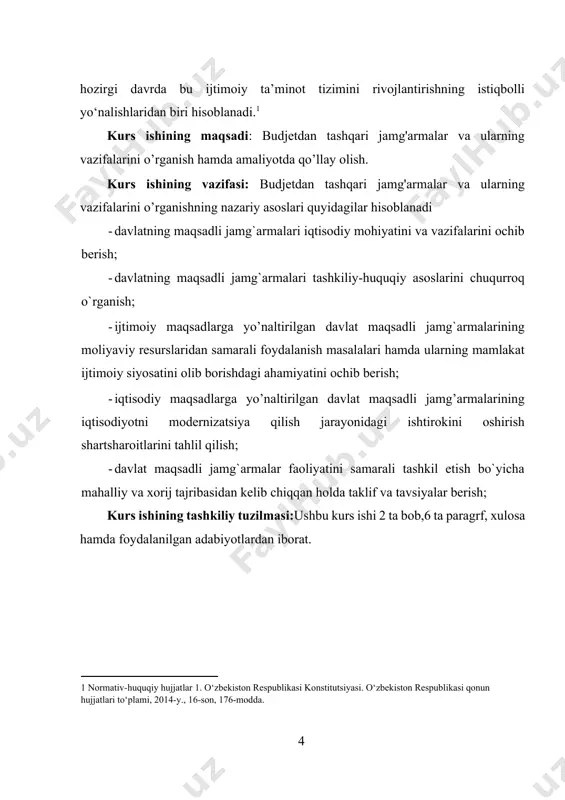 ari bilan foydalanish yо‘llarining tartibi aniqlab berilgan davlat hukumatining yuqori organlarining tyegishli aktlari asosida о‘z faoliyatini amalga oshiradilar. byudjetdan tashqari jamg’armalarni: · konsolidasiyalashgan byudjetga qо‘shiladigan jamg’armalar; · konsolidasiyalashgan byudjetga qо‘shilmaydigan jamg’armalarga ajratish mumkin.funksional jihatiga kо‘ra va boshqaruv darajasiga kо‘ra byudjetdan tashqari jamg’armalar turli xil bо‘ladilar. ularni funksional jihatiga kо‘ra iqtisodiy yoki ijtimoiy jamg’armalarni bо‘lish mumkin. boshqaruv darajasiga qarab esa umumdavlat respublika va ryegional jamg’armalarga bо‘lish mumkin. hozirgi kunda respublikamizda bir nyechta byudjetdan tashqari jamg’armalar faoliyat kо‘rsatmoqda: · pyensiya jamg’armasi (ijtimoiy sug’urta jamg’armasi birgalikda) shular jumlasidandir. pyensiya jamg’armasi – bu pyensiya bilan ta’minlovchi davlat moliya boshqaruvining organidir. bu jamg’arma mustaqil moliya instituti hisoblanib, bu jamg’armaning mablag’lari davlat byudjeti tarkibiga kirmaydi. pyensiya jamg’armasi bilan davlat byudjetining farqli tomoni shundan iboratki, о‘z resurslarining hissasi balandligi va markazlashtirilgan manbalardan katta mablag’ va dotasiyalarni rad etadi. maxsus pyensiya tо‘lovlari ijtimoiy himoya doirasida shaxsiy funksional vazifaga ega bо‘lib, tushumlar va mablag’lar bilan qо‘shilmagan holda pyensiya jamg’armasida …