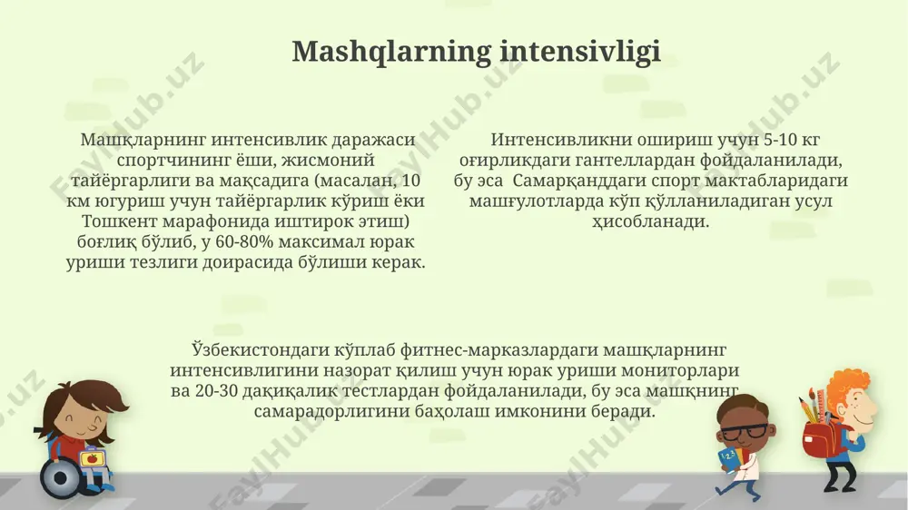 n, samarqanddagi olimlar tomonidan o'tkazilgan tadqiqotlarga ko'ra, 8 soatlik uyqu va 2 litr suv iste'mol qilish tavsiya etiladi. mashqlarni tanlashda, 20-30 yosh oralig'idagi toshkentlik sportchilar uchun, yurak urishi tezligini 130-150 urish/daqiqaga yetkazadigan intensivlikdagi mashqlarni o'z ichiga olish kerak. qarshilik mashqlari, jumladan 3-5 ta takrorlash bilan og'irlik ko'tarish, suyak zichligini oshirish va jarohatlardan himoya qilishda muhim ahamiyatga ega. natijalarni baholash farg'ona viloyatidagi 15 ta mashqning bajarilish sifati 5 ballik tizim bo'yicha baholanib, har bir mashq uchun 3 ta ko'rsatkich hisobga olindi: tezlik, aniqlik va kuch. samarqanddagi 20 nafar sportchining natijalarini baholashda, 10 balldan iborat shkala va 5 ta asosiy mezon qo'llanildi, bu esa ob’ektiv baholashni ta’minladi. toshkentda o'tkazilgan musobaqada ishtirokchilarning texnik jihatlarini baholashda 3 ta hakam 7 balldan iborat shkalani qo'llab, o'rtacha ball hisoblab chiqildi. progressni kuzatish mashqlarni bajarish texnikasini 3 martadan kamida takrorlash natijalarining 15% ga yaxshilanishini ko'rsatishi kerak, aks holda mashqlarni o'zgartirish yoki toshkentdagi mutaxassis bilan maslahatlashish zarur. progressni …