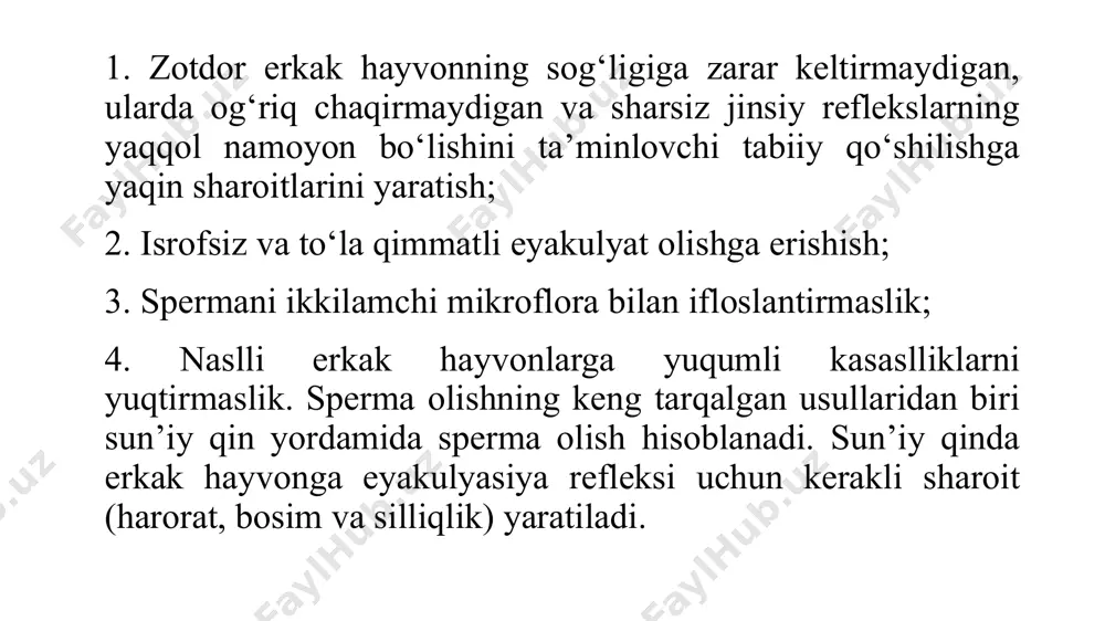, diametri kirish qismida 5 sm, chiqish qismida - 1,5 sm bo‘ladi. qin naychasining ichki devori elastik kauchukdan yasalgan bo‘ladi. sun’iy qinni ishlatishga tayyorlash uchun quyidagi yordamchi asbob va uskunalar tayyor holda bo‘lishi kerak: pinset, korsang, taglik, ebonit yoki shisha tayoqchalar, 96%-li spirt shimdirilgan tamponlar solingan tampon qo‘ygich va flambirlash yo‘li bilan zararsizlantirish uchun qo‘llaniladigan va ishlatilgan spirtli tamponlar solingan tampon qo‘ygich, zararsizlantirilgan salfetkalar va gigroskopik paxta solingan idishlar, jumrak va tiqinlar solingan banka, rezina halqalar, sperma qabul qilgich va uning tutqichlari, choynakda issiq suv, 0,5-1 litr hajmli emal yoki chini krujkalar, kimyoviy va maxsus termomertlar, kompressor, rezina grusha yoki richardson sharlari va sun’iy qinlar uchun shkaf-termostat. sperma qabul qilgichlar. buqalar uchun qo‘sh devorli shisha yoki bir marta ishlatiladigan polietilen sperma qabul qigichlar, qo‘chqorlar uchun bir devorli yoki qo‘sh devorli sperma qabul qilgichlar ishlatiladi. yilning sovuq paytlarida harorat +18°c dan past bo‘lganda qo‘sh devorli sperma qabul qilgichning devorlararo bo‘shlig‘i harorati …