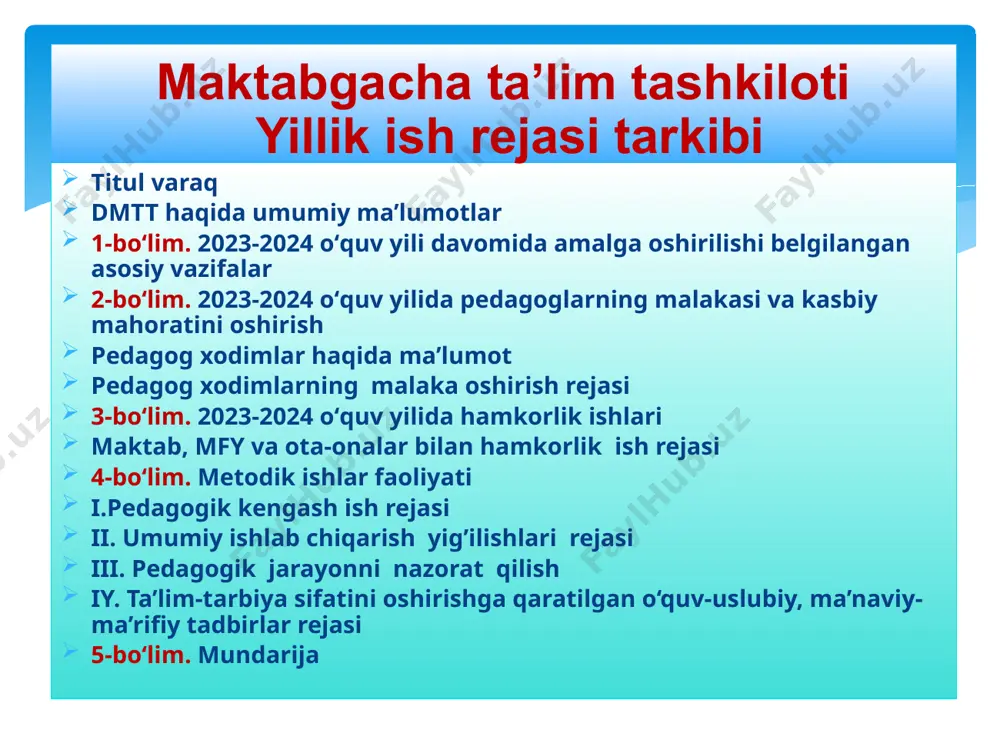 ejasi 3-boʻlim. 2023-2024 oʻquv yilida hamkorlik ishlari “kiritdi” andijon viloyati ________ tumani -dmtt direktori _____________ “kelishildi” andijon viloyati ________ tumani -dmtt kuzatuv kengashi raisi _____________ “kelishildi” andijon viloyati ________ tumani ___-maktab direktori _____________ “kelishildi” andijon viloyati ________ tumani “______” mfy raisi _____________ t.r ish mazmuni o‘tkazish muddati mas’ullar bajarilgani haqida ma’lumot 1 maktab, mahalla va kuzatuv kengashi bilan hamkorlikda amalga oshiriladigan ishlarni rejalashtirish sentyabr direktor maktab bilan hamkorlik ishlari 1 tayyorlov guruxi bitiruvchilarini maktab ta’limiga moslashuvini va o’zlashtirishini nazorat qilish sentyabr-oktyabr metodist mahalla bilan hamkorlik ishlari ota-onalar bilan hamkorlik ishlari i.pedаgogik kengаsh ish rejasi ii. umumiy ishlab chiqarish yig’ilishlari rejasi iii. pedagogik jarayonni nazorat qilish iy. ta’lim-tarbiya sifatini oshirishga qaratilgan o‘quv-uslubiy, ma’naviy-ma’rifiy tadbirlar rejasi 4-boʻlim. metodik ishlar faoliyati pedagogik kengash faoliyati oʻquv yili davomida 4-marta (avgust, noyabr, fevral, may oylarida) oʻtkazilishi rejalashtiriladi. har bir kengashda mttning asosiy vazifalari- pedagog kadrlar salohiyati va taʼlim-tarbiya sifatini oshirishga qaratilgan dolzarb masalalar rejalashtiriladi. asosiy …