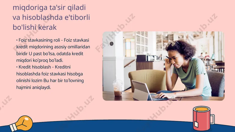 y summasi, qarz olishning qanchalik imtiyozli ekanini ko‘rsatadi va qarzdorlik darajasini aniqlashda yordam beradi. • kredit shartnomasi talablari - kredit shartnomalaridagi foizlar to‘g‘risidagi ma’lumotlar, foydalanuvchilarga to‘lovlarni boshqarishda aniq yo‘nalish beradi va xato qilish ehtimolini kamaytiradi. kredit shartnomasini o'qish va tushunish har doim muhim • kredit shartnomasining tuzilishi - kredit shartnomasi moliyaviy majburiyatlarni aniq belgilovchi hujjatdir. • kredit shartnomasidagi asosiy bandlar - shartnomada keltirilgan asosiy bandlar foiz stavkasi muddat va to'lovni amalga oshirish tartibini o'z ichiga oladi. thank you for your attention! image1.jpg image2.jpg image3.jpg image4.png image5.jpg image6.jpg