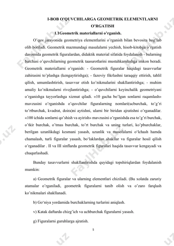 asosiy sifati-to’rtburchak ekanligi va burchaklari to’g’ri ekanligini tushunib yetishlari kerak. geometriyaning maktab kursida uning asosiy tushunchalari sinfdan sinfga o’tgan sari o’zgarib boradi, masalan, «kesma», «burchak», «ko’pburchak» kabi tushunchalar noaniq tushunchalar guruhiga kiradi. shuning uchun boshlang’ich sinf o’quvchilariga «uchburchak nima?» deb savol berish noto’g’ri bo’lar edi. lekin bu savolni boshqa shaklda, «uchburchak haqida nima deya olasiz?» degan savolga o’quvchilar o’z bilimi doirasida javob bera oladilar (uchburchakning uchta burchak, uchta tomonlari bor). quyi sinf o’quvchilarini geometrik figuralar bilan tanishtirishni erta boshlashga bo’lgan harakat nafaqat dasturiy talablarni oshirishga, shu bilan birga, materialni noto’g’ri o’zlashtirishga qadar xatolarga yo’l qo’yishga, masalan, o’quvchilar kvadratning to’g’ri burchakli to’rtburchak ekanligini sezmaydilar, ko’pburchakli figuralar hisobiga faqat besh-olti burchakli figuralarni kiritadilar. boshlang’ich sinflarda geometrik materialni o’rganishda o’quvchilar eng oddiy tushunchalar: to’g’ri va to’g’ri bo’lmagan burchaklar, ko’p burchakli figuralar (burchaklar soniga ko’ra uchburchak, to’rtburchak, beshburchak) bilan tanishadilar. mashg’ulotni shunday tartibda olib borish kerakki, unda o’quvchilar kvadratni to’g’ri to’rtburchak, to’rtburchak yoki ko’pburchakli …