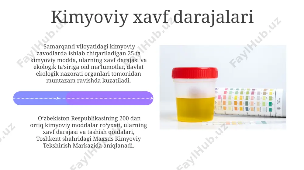 qo'llaniladigan xavf belgilarining aniq talqinlari va ularning amaliy qo'llanilishi bo'yicha maxsus ko'rsatmalar mavjud. xavf belgilarining rangi (qizil, sariq, ko'k, oq) va shakli (uchburchak, romb, to'rtburchak) ularning ma'nosini aniqlashda muhim rol o'ynaydi, masalan, qizil rang ogohlantiruvchi xavflarni, sariq esa ehtiyotkorlik choralarini bildiradi. favqulodda vaziyatlarda harakatlar rejasi buxoro shahrida joylashgan 1-sonli kimyoviy zavod atrofidagi 5 km radiusdagi hududda favqulodda vaziyatlarni bartaraf etish uchun 20 ta maxsus transport vositasi tayyor holatda saqlanadi. favqulodda vaziyatlarda harakatlar rejasi samarqand viloyati hududida 3 ta kimyoviy moddalarni neytrallashtirish bo'yicha 15 nafar mutaxassisni jalb qilishni nazarda tutadi. xavfsizlik ma'lumotnomalari (sds) sdslar aqshning osha (kasb xavfsizligi va sog'liqni saqlash ma'muriyati) va evropa ittifoqining reach reglamenti kabi xalqaro standartlarga muvofiq tayyorlanadi va dunyoning ko'plab mamlakatlarida, jumladan o'zbekistonda ham qo'llaniladi. xavfsizlik ma'lumotnomasi (sds)da moddaning o'tkir va surunkali ta'sirining 3-darajali tasnifi berilgan bo'lib, bu ma'lumotlarni ishlab chiqarish, saqlash va tashish jarayonlarida 100% xavfsizlikni ta'minlash uchun qo'llash kerak. e'tiboringiz uchun rahmat @taqdimot_robot image4.jpg …