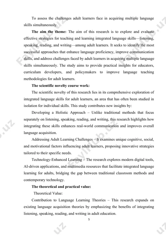 efl (english as a foreign language) classrooms. use of technology in language learning – it explores the role of digital tools, apps, and online resources in enhancing integrated language learning. guidance for curriculum designers – the study offers recommendations for developing materials and lesson plans that effectively incorporate all four language skills. improved teaching techniques – by addressing common challenges faced by adult learners, it equips teachers with innovative approaches to improve student engagement, retention, and fluency. ii. main part 1. language learning strategy training for adult english learners in continuing education language learning strategies are specific behaviors, techniques, actions, or steps taken by language learners to accomplish a learning goal or to facilitate their own learning. appropriate and flexible use of language learning strategies can result in greater self-confidence and responsibility, as well as improved proficiency. language learners are being encouraged to learn “how to learn” a foreign language …