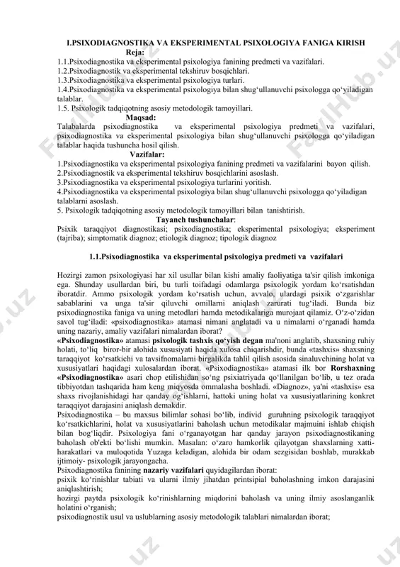 ladi. bunda biz psixodiagnostika faniga va uning metodlari hamda metodikalariga murojaat qilamiz. o‘z-o‘zidan savol tug‘iladi: «psixodiagnostika» atamasi nimani anglatadi va u nimalarni o‘rganadi hamda uning nazariy, amaliy vazifalari nimalardan iborat? «psixodiagnostika» atamasi psixologik tashxis qo‘yish degan ma'noni anglatib, shaxsning ruhiy holati, to‘liq biror-bir alohida xususiyati haqida xulosa chiqarishdir, bunda «tashxis» shaxsning taraqqiyot ko‘rsatkichi va tavsifnomalarni birgalikda tahlil qilish asosida sinaluvchining holat va xususiyatlari haqidagi xulosalardan iborat. «psixodiagnostika» atamasi ilk bor rorshaxning «psixodiagnostika» asari chop etilishidan so‘ng psixiatriyada qo‘llanilgan bo‘lib, u tez orada tibbiyotdan tashqarida ham keng miqyosda ommalasha boshladi. «diagnoz», ya'ni «tashxis» esa shaxs rivojlanishidagi har qanday og‘ishlarni, hattoki uning holat va xususiyatlarining konkret taraqqiyot darajasini aniqlash demakdir. psixodiagnostika – bu maxsus bilimlar sohasi bo‘lib, individ guruhning psixologik taraqqiyot ko‘rsatkichlarini, holat va xususiyatlarini baholash uchun metodikalar majmuini ishlab chiqish bilan bog‘liqdir. psixologiya fani o‘rganayotgan har qanday jarayon psixodiagnostikaning baholash ob'ekti bo‘lishi mumkin. masalan: o‘zaro hamkorlik qilayotgan shaxslarning xatti-harakatlari va muloqotida …
