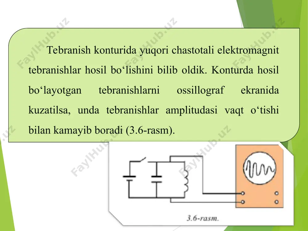 a tranzistor orqali ulash kerak. * 3.7-rasmda yuqori chastotali so‘nmas elektromagnit tebranishlari hosil bo‘ladigan generator chizmasi keltirilgan. bunda l va s dan iborat kontur tok manbayiga tranzistor orqali ulangan. ulanish momentida l g‘altakdan o‘tuvchi tok o‘suvchi xarakterga ega bo‘ladi. uning atrofida hosil bo‘lgan magnit maydon ham o‘suvchi xarakterga ega bo‘ladi. bu magnit maydon lb bog‘lanish g‘altagini kesib o‘tib, unda o‘zaro induksiya elektr yurituvchi kuchini hosil qiladi * 3.7-rasmda uning lb g‘altak uchlaridagi ishoralari aylanachalar ichida ko‘rsatilgan. bunda tranzistor bazasi (b)ga manfiy ishorali, emitteri (e)ga musbat ishorali kuchlanish qo‘yiladi va tranzistordan to‘la tok o‘tadi. bu paytda konturdagi c kondensator zaryadlanadi. l g‘altakning induktivligi tufayli undan o‘tuvchi tok o‘sishdan to‘xtaydi. lb da elektr yurituvchi kuch hosil bo‘lmaydi va tranzistordan tok o‘tmaydi. kalit uzildi. endi c kondensator l g‘altakka razryadlana boshlaydi va tebranish konturida elektromagnit tebranishlar vujudga keladi. * konturda elektromagnit tebranishlar ro‘y berganda l g‘altakdan o‘tuvchi tokning ham kattaligi, ham yo‘nalishi o‘zgarib …