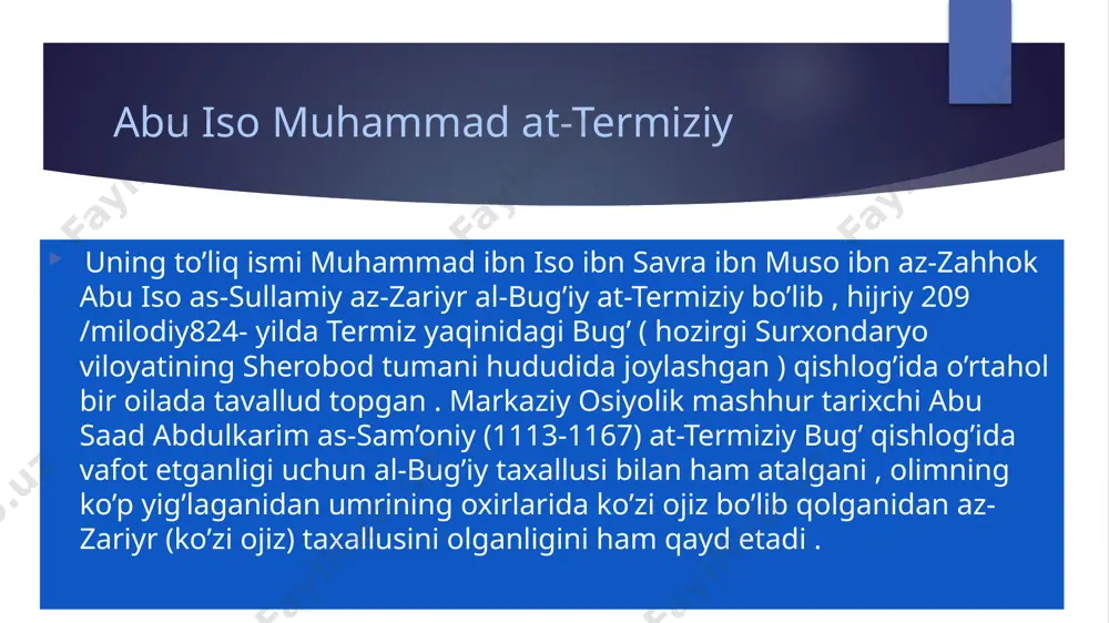 nishi jihatidan 3 qismga boʻlinadi: 1) sahih (ishonchli); 2) hasan (yaxshi); 3) zaif; 4) gʻariyb ( shubhali) hadislarga boʻlinadi. “ sahihi termiziy” ning turli nomlanishi al jomi as-sahih ishonchli toʻplam al jomi al- kabir katta toʻplam sahih at-termiziy sunan at-termiziy termiziy sunnatlari tarixchi ibn hajar al- askaloniy yozishicha at-termiziy ushbu asarini 884-yilda yozib tugatgan termiziy asarlari haqida termiziyning yirik asarlaridan yana biri “ ash shamoil an – nabaviya “( paygʻambarning alohida fazilatlari) dir. bu asar “ ash shamoil muhammadiya” , “ ash shamoil fi shamoil an nabiy sollallohu alayhi vasallam “ nomlari bilan ham ataladi. ushbu asarning saudiyada istiqomat qilgan vatandoshimiz said mahmud taroziy tomonidan bajarilgan oʻzbekcha tarjimasi arab va kirill alifbosida toshkentda bir necha bor chop etilgan. allomaning” kitob at tarix “ , “ kitob al ilal as sagʻiyr val ilal al kabir “, “ kitob uz zuhd “ ( taqvo haqida kitob) “ kitob al asmo val kuna …