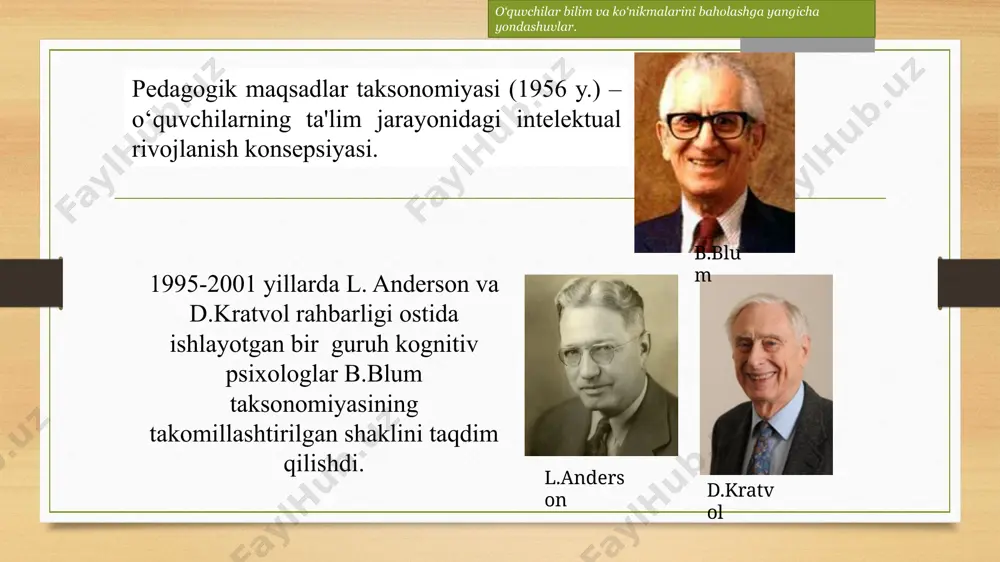 i tahlil qilish asosida o‘quvchilarimizning o‘zlashtirish darajalarini aniqlaylik topshiriq: sinfingizdagi 30 ta o‘quvchini rivojlanish darajasiga ko‘ra b.blum daraxti shoxlariga joylashtiring va tasvirlang (modelini yarating). xulosangiz. b.blum taksonomiyasining oldingi va takomillashgan shakllari yaratish baholash analiz qo‘llash tushinish eslab qolish baholash sintez analiz qo‘llash tushinish bilish bloom,1956 anderson&krathwohl, 2001 o‘quvchilar bilim va ko‘nikmalarini baholashga yangicha yondashuvlar. quyi darajadagi tafakkur ko‘nikmalari savollari (low-order thinking skills questions) o‘quvchilarni eslab qolishini talab qiladi ko‘pincha yopiq savollar bo‘ladi: faqatgina bir to‘g‘ri javob odatda “kim”, “nima”, “qachon”, “qayer” kabi savollardan tashkil topadi yuqori darajadagi tafakkur ko‘nikmalari savollari (high-order thinking skills questions) o‘quvchidan mulohaza/fikr yuritishni talab qiladi ochiq savollarga moyillik ko‘proq bo‘ladi – turli xil javoblar ko‘pincha “nega”, “nima uchun”, “qanday” kabi savollardan tashkil topadi geometriya fanidan blum taksonomiyasini qo’llash bo’yicha testlar quyidagi jumlalar to’grimi? "ha" yoki "yo’q" deb javob bering. har qanday burchak uchun faqat bitta vertikal burchak yasash mumkin; har qanday burchak uchun faqat bitta qo’shni …