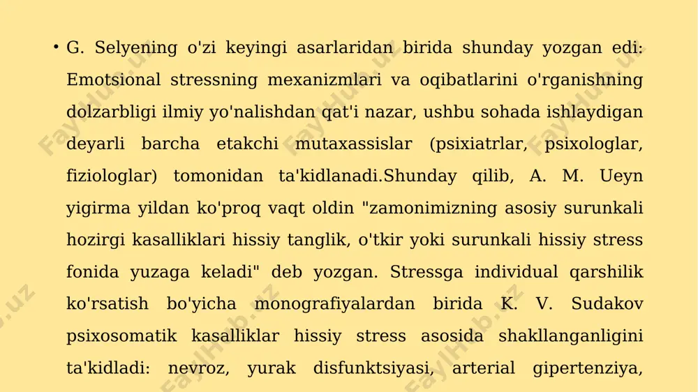 inadi: biologik; psixologik. psixologik stressning ta'riflari turli mualliflardan farq qiladi, ammo ko'pchilik olimlar tashqi (ijtimoiy) omillarning ta'siri yoki ichki sezgilar ta'siri ostida shakllangan stressning ushbu turiga murojaat qilishadi. psixo-emotsional stressga uning bosqichlarining qonuniyatlarini qo'llash har doim ham mumkin emas, chunki har bir shaxs psixikaning individual xususiyatlariga va avtonom nerv tizimi ishining shaxsiy xususiyatlariga ega. stressli vaziyatning turini farqlash nazorat savoliga imkon beradi:"stressorlar tanaga aniq zarar keltiradimi?". ijobiy javob bo'lsa, biologik tur tashxisi qo'yiladi, salbiy javob bo'lsa, psixologik stress. psixo-emotsional stress biologik turlardan bir qator o'ziga xos xususiyatlar bilan ajralib turadi, jumladan: u shaxsning tashvishlanish ob'ekti bo'lgan ham real, ham ehtimoliy vaziyatlarning ta'siri ostida shakllanadi; insonning muammoli vaziyatga ta'sir qilishda ishtirok etish darajasini baholashi, tanlangan stress omillarini zararsizlantirish usullarining sifatini idrok etishi katta ahamiyatga ega. guruh biologik stress psixologik stress sabab stress omillarining fizik, kimyoviy, biologik ta'siri o'z fikrlari, ichki tuyg'ulari, jamiyatning ta'siri xavf darajasi haqiqiy virtual, haqiqiy stress omillarining yo'nalishi …