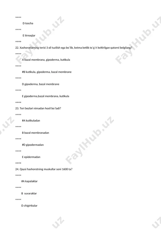xamma javob to‘g‘ri ++++ 32. ninachilarni lichinkalarida yosh o‘tishi bilan qaysi organlari yo‘qolib ketadi? ==== a provizo‘r ==== b oyoqlari ==== d bo‘g‘imlari ==== #e to‘g‘ri javob yo‘q ++++ 33. hasharotlarni sistemaga solishda k.linney qaysi belgini asosiy belgi deb olgan? ==== #a qanotini ==== b og`iz organlarini ==== d oyoqlarini ==== e gavda qismini ++++ 34. chala metomorfoz va to‘liq metamorfozga kim tomonidan ajratilgan? ==== a f.brauer ==== b a.v.martinov ==== #d burmeyster ==== e k.linney ++++ 35. a.v.martinov qanotli hasharotlar kenja sinfini qanday bo‘limlarga bo‘ldi? ==== a uzun qanotlilar, qadimgi qanotlilar. ==== b qadimgi qanotlilar. kalta qanotliliar ==== d uzun qanotlilar, kalta qanotliliar ==== #e qadimgi qanotlilar. yangi qanotlilar. ++++ 36. hasharotlar sistematikasini umumiy tarzda tog`ri ko`rsatilgan qatorni ko`rsating ? ==== a avlod (genius) → oila (familia) → turkum (ordo) → sinf (classis) → tip ==== b tur (species) → avlod (genius) → oila (familia) → turkum (ordo) → …