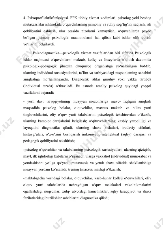smoniy va ruhiy sog‘lig‘ini saqlash, ish qobiliyatini oshirish, ular orasida nizolarni kamaytiish, o‘quvchilarda paydo bo‘lgan ijtimoiy psixologik muammolarni hal qilish kabi ishlar olib borish yo‘llarini belgilaydi. psixodiagnostika—psixologik xizmat vazifalaridan biri sifatida psixologik ishlar majmuasi o‘quvchilarni maktab, kollej va litseylarda o‘qitish davomida psixologik-pedagogik jihatdan chuqurroq o‘rganishga yo‘naltirilgan bomib, ularning individual xususiyatlarini, ta’lim va tarbiyasidagi nuqsonlaming sababini aniqlashga mo‘ljallangandir. diagnostik ishlar guruhiy yoki yakka tartibda (individual tarzda) o‘tkaziladi. bu asnoda amaliy psixolog quyidagi yaqqol vazifalarni bajaradi: - yosh davr taraqqiyotining muayyan mezonlariga muvo- fiqligini aniqlash maqsadida psixolog bolalar, o‘quvchilar, maxsus maktab va bilim yurti tinglovchilarini, oliy o‘quv yurti talabalarini psixologik tekshiruvdan o‘tkazib, ularning kamolot darajalarini belgilash; o‘qituvchilarning kasbiy yaroqliligi va layoqatini diagnostika qiladi, ularning shaxs xislatlari, irodaviy sifatlari, histuyg‘ulari, o‘z-o‘zini boshqarish imkoniyati, intellektual (aqliy) darajasi va pedagogik qobiliyatini tekshirish; -psixolog o‘quvchiiar va talabalaming psixologik xususiyatlari, ularning qiziqish, mayl, ilk iqtidorligi kabilarni o‘rganadi, ularga yakkahol (individual) munosabat va yondashishni yo‘lga qo‘yadi, mutaxassis va …