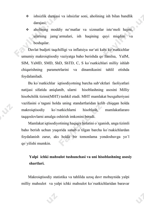 h usulida aniqlash ishlab chiqarish usulida hisoblangan yaim yakuniy tovarlar va xizmatlarni ishlab chiqarishning turli bosqichlarida qo`shilgan qiymatlar yig`indisi sifatida aniqlanadi. yaimni bu usulda aniqlash statistik jihatdan qulay bo`lishi bilan birga uni hisoblashning muhim shartiga amal qilish, ya‘ni bir qiymatni ikki bor hisobga olish, yoki oraliq mahsulot qiymatini yaimga kiritib yuborishning oldini oladi. ishlab chiqarish hajmini to`g`ri hisoblash uchun joriy yilda ishlab chiqarilgan tovar va ko`rsatilgan xizmatlar qiymati bir marta hisobga olinish kerak. ko`pgina mahsulotlar bozorga borguncha bir nechta ishlab chiqarish bosqichini o`taydi. shu sababli yaimda ayrim mahsulotlarni ikki va undan ko`p marta hisobga olmaslik uchun, faqat pirovard mahsulotning bozor qiymati hisobga olinadi, oraliq mahsulotlar esa hisobga olinmaydi. yakuniy tovarlar va xizmatlar deganda ularning ishlab chiqarish, yoki ichki ayirboshlash siklidan chiqqan, yakuniy iste‘mol, jamg`arish yoki eksport uchun foydalaniladigan qismi tushuniladi. yakuniy tovarlar va xizmrtlarni ishlab chiqarishda sarflangan oraliq tovarlar va xizmatlar bahosi yaimga qo`shilmaydi. qo`shilgan qiymat tovar va xizmatlarning sotish …