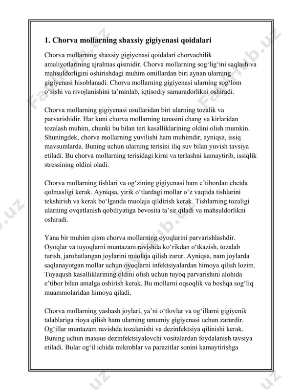parvarishida alohida e'tibor talab qiladigan qismlardir. mollarning jun va teri salomatligini ta'minlash hayvonlarning umumiy sog'lomligiga katta ta'sir ko'rsatadi. quyida mollarning jun va terisini parvarish qilish haqida keng qamrovli ma'lumotlar keltirilgan: 1. **junning parvarishi:** a. **junning ahamiyati:** mollar junining sog'lomligi hayvonning issiq va sovuq haroratdan himoya qilinishi, shuningdek, teri kasalliklaridan saqlanishida muhimdir. b. **junni qirqish:** juda qalin va uzun jun mollarni issiq havoda noqulay qila oladi, shuning uchun yiliga bir necha marta junni qirqish tavsiya etiladi. qo'y va boshqa junli hayvonlar uchun bu ayniqsa muhimdir. c. **junni yuvish:** junni tozalash bakteriya va parazitlardan himoyalashda muhim rol o'ynaydi. maxsus shampun va suyuqliklar yordamida jun muntazam ravishda yuvilishi kerak. d. **oziqlanish:** junning sog'lom o'sishi uchun mollarga korrekt dieta berish kerak. oziq-ovqat tarkibida vitaminlar va minerallar, ayniqsa, sink va omega-3 yog' kislotalari muhimdir. 2. **terining parvarishi:** a. **teridagi kasalliklar:** mollarning terisi ko'pincha parazitlar, bakteriyalar va zamburug'lar tahdidi ostida bo'ladi. dermatofitoz, qichima va piroplazmoz kabi …