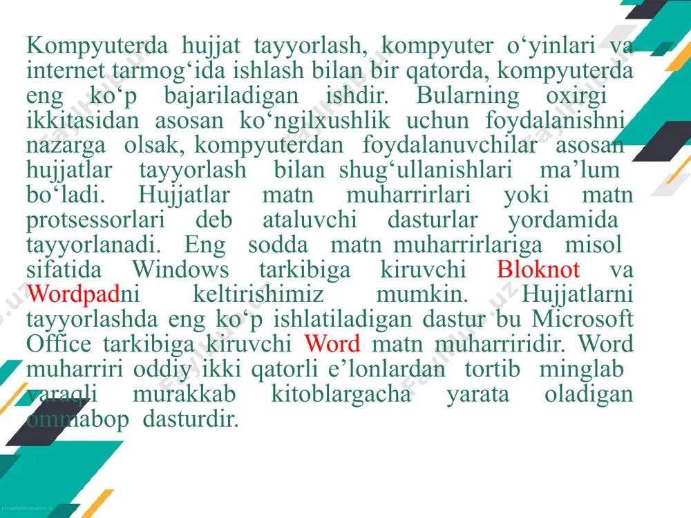 aklar, to'rtburchaklar va boshqalar. bir nechta shaklni ajratish (belgilash) i – usul. shift ni bosgan holatda sichqoncha tugmasini bosih. ii- usul: grafik tanlash rejimini yoqish (главная→выделить→выбор объектов). shakllarni ramkaga solish. figuralarni guruhga birlashtirish figuralarni ajrating sichqonchani o‘ng tugmasini bosing → группировка ni tanlang. guruhga biriktirilmagan shakllar guruhga biriktirilgan shakllar figuraga matn qo‘shish shaklni tanlang sichqonchaning o'ng tugmasini bosing matn qo'shing matn matematik formula va belgilarni joylashtirish ms word bugungi darsda: 4 formulalar konstruktori 1 2 3 5 formulada indekslar kasrli formulalar ildizlar murakkab formulalar formulalar konstruktori «вставка» ni tanlang, formula konstruktorini oching simvollar konstruksion shakllar tayyor formulalar indeksli formulalar kasrli formulalar kars konstruksiyasini tanlang surat va maxraj ko‘rsatkichlarini yozing ildizli formulalar radikal konstruksiyasini tanlang ildiz ifodasini yozing murakkab formulalar tayyor formulani tanlang nazorat ishi msword hujjatiga quyidagi formulani yozing: formulalarni o'z ichiga olgan matematika, fizika yoki kimyo bo'yicha kartalar yarating * (qo'shimcha vazifa) hujjatning maxfiyligi. hujjatga giperhavolalarni o'rnatish оригинальные шаблоны …