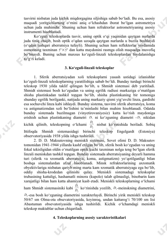 rni biriktirilishini qulaylashtirishi bilan katta ahamiyat kasb etadi. astrofizik tadqiqotlarda yoritgichdan kelayotgan nurdan maksimal foydalanish juda muhim. biroq refraktorlar linzasining shisha materiali, nurni kuchli yutib, (ayniqsa ultrabinafsha sohasida) ko‘zguga, fotografik emulsiyaga yohud fotoelektrik qayd qilgichga tushayotgan nurni keskin chegaralaydi. shuningdek, fotomateriallarning va fotoelektrik qayd qilgich asboblarning sezgirlik chegarasi, ko‘znikiga nisbatan keng bo‘lganidan ularda xromatik aberratsiyaning ta’siri ham katta bo‘ladi. shuning uchun ham astrofizik maqsaddagi kuzatishlarda refraktorlar o‘rniga reflektor keng qo‘llanadi. astrometriyada hozirga qadar ham refraktorlar qulay instrument hisoblanadi. buning sababi, reflektorlarning kichik miqdorda bo‘lsada beixtiyor burilishlarga juda sezgirligidadir. agar reflektor ko‘zgusiga tushayotgan nur ma’lum burchakka og‘sa, undan qaytayotgan nurning yo‘nalishi burchakka og‘adi va bu, fotoplastinkada obyekt tasvirining sezilarli siljishiga olib keladi. refraktorda nurning bunday kattalikdagi burchakka ((() beixtiyor burilishi, tasvirni nisbatan juda kichik miqdorgagina siljishiga sabab bo‘ladi. bu esa, asosiy maqsadi yoritgichlarning o‘rnini aniq o‘lchashdan iborat bo‘lgan astrometriya uchun juda muhimdir. shuning uchun ham refraktorlar astrometriyaning asosiy instrumenti hisoblanadi. ko‘zguli …