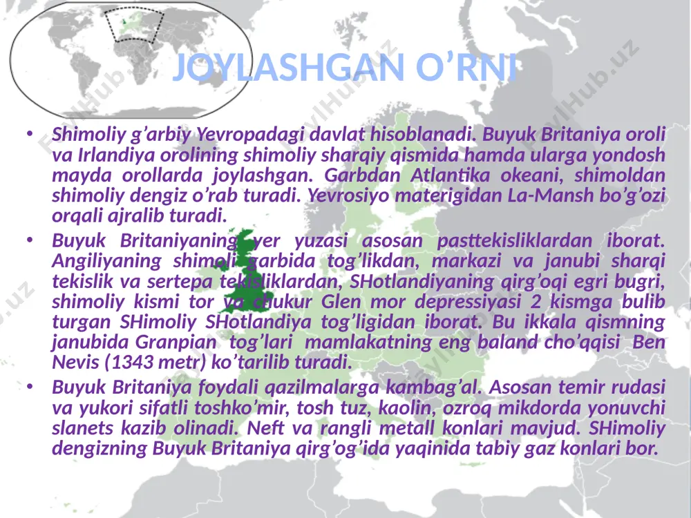 ximiya sanoatida neftni qayta ishlash bazasida neft mahsulotlari va sintetik tola ishlab chiqarish ayniqsa tez rivojlanmoqda. www.arxiv.uz mashinasozlik buyuk britaniya sanoat tarmoqlari orasida 1-o’rinni egallaydi. ko’p mahsuloti eksportga mo’ljallangan sanoat tarmoqlari: stanoksozlik, elektrotexnika, asbob-uskunalar, jihozlar,avtomobillar, traktorlar ishlab chiqarish ayniqsa ajralib turadi. mamlakatda chiqariladigan stanoklarning 20%i aqsh firmalari ishlab chiqaradi. www.arxiv.uz qishloq xo’jaligi. buyuk britaniya tabiiy sharoiti dehqonchilikdan ko’ra chorvachilik uchun qulay.mamlakat hududining 47%i yaylovlar, ekin maydonining 2/3qismi em-hashak va ildiz mevali o’simliklar bilan band.tabiiy o’tloqlarga o’g’it solinib turiladi. asosiy donli ekinlari: bug’doy, arpa, suli. asosiy texnik ekinlari: qand lavlagi. yalpi don hosili 25mln t., qoramol tuyog’i-12,5mln, qo’ylar-37mln, cho’chqalar-8mln, parrandalar-131mln. www.arxiv.uz buyuk britaniya hududi iqtisodiy geografik jihatidan 5 qismga ajratiladi: www.arxiv.uz 1.janubiy qism-london atrofi. 2.janubi-sharq (yashil angliya). 3.markaziy qism. 4.shotlandiya. 5.olster (shimoliy irlandiya). asosiy eksport mahsulotlari: mashina va uskunalar, samolyotlar, traktorlar, kemalar, qurol-yaroq, jun, sintetik gazlama, po’lat va h.k. importi: paxta, oltingugurt, temir rudasi. pul birligi- funt sterling. www.arxiv.uz buyuk britaniya …