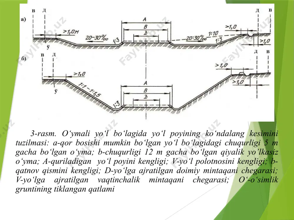 lsa qish oylarida ham bajarish mumkin, ammo bu odatda qo‘shimcha material resurslarini va qorni tozalash uchun mehnat, muzlagan gruntni bo`shatish, muzlashni oldini olish uchun tadbirlarni qo‘llashni va boshqalar talab qiladi. tog‘ jinsli gruntlarni ishlashda muzlash amalda ahamiyatga ega emas. qish vaqtlarida odatda yer ishlarini bir qismi mashinalar bo`sh turmasligi uchun bajariladi, bu yoz oylarida gruntni tashish uchun transport vositalarini bo`shatish maqsadida, ularga talab eng katta bo‘lganda alohida samarali. qish vaqtlarida yer ishlarini olib borish muddati iqlim sharoitini, grunt tasnifi, uni namligi va muzlashni hisobga olib belgilanadi. grunt massivining xossasi, bir xil sharoitlarda, gruntlarning zichlash darajasiga bog‘liq bo‘lishi mumkin. shuning uchun yo‘l poyini qurishda, gruntlarni sun’iy zichlash masalasiga katta ahamiyat beriladi. bunga asosan yo‘l poyini yuqori qismiga - ishchi qatlam deb ataladigan, ko‘tarmalar va o‘ymalar uchun, alohida talab qo’yiladi. umumiy holda grunt massivi uch fazali sistema, mineral qismdan (qattiq faza), grunt zarralari va agregatlari yuzasiga kuchlarni ta’sir qilishi natijasida har xil …