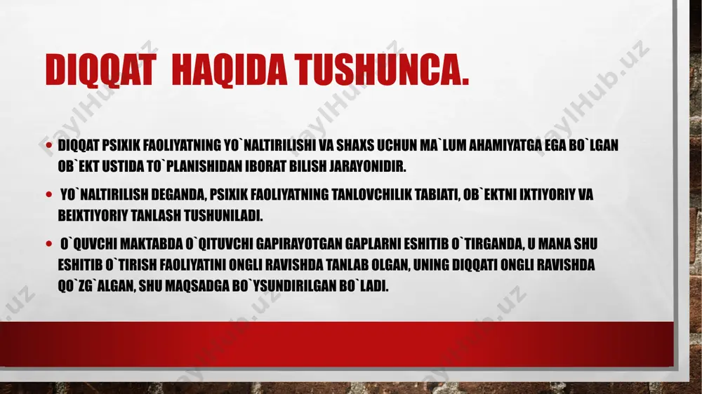 nfni kuzatib borishi kerak. diqqatning muhim tomoni uning bir faoliyat turidan boshqa bir faoliyatga tez o`tish qobiliyatidir. diqqatning xususiyatlari diqqatning aksi parishonxotirlikayar. bunda odam diqqatini biror narsaga toʻplay olmay, hamma vaqt boshqa narsalarga chalgʻiyveradi. shunday holat kishi qattiq charchaganda, uning uchun ahamiyatsiz juda koʻp qoʻzgʻatuvchilar mavjudligida yoki, aksincha, bitga ham qoʻzgʻatuvchining odam uchun ahamiyati boʻlmaganda roʻy beradi. mashq qilish bilan parishonxotirlikka barham berish mumkin. diqqatning turlari va xususiyatlari odamning juda yoshlik davridan boshlab rivojlanadi va hayoti davomida oʻzgarib, murakkablashib boradi. diqqatning xossalari foydalanilgan adabiyotlar https://www.elib.buxdu.uz/index.php/pages/referatlar-mustaqil-ish-kurs-ishi/item/14554-diqqat-va-uning-xususiyatlari https://uz.wikipedia.org/wiki/diqqat https://fayllar.org/mavzu-diqqat-va-uning-turlari.html http://reja.tdpu.uz/shaxsiyreja/content/120/html/10216/5.mavzu.diqqat.htm image4.png image5.png image3.jpg /docprops/thumbnail.jpeg