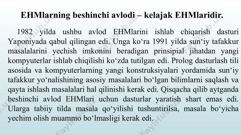 bog‘ liq: monitorning ko‘rsatish quvvatiga; monitorda tasvirlanadiga ranglar soniga; ekranda yangilanadigan tasvirlar chastotasiga; kuchlanish bloki – asosiy tok manbaidan kelayotgan 220 v (110 v) kuchlanishni kompyuterning konstruktiv elementlari uchun +12v, +5v va +3,3v ga aylantirib beruvchi qurilma. monitor axborotni universal chiqaruvchi qurilma bo‘lib, videokartaga ulanadi.тasvir kompyuter formatida (nollar va birlar ketma-ketligidan iborat) videoxotirada saqlanadi. kompyuter videoxotiradagi axborotni o’qib, uni ekranda akslantiradi. zamonaviy monitorlarda tasvirlarning yangilanish chastotasi sekundiga 75 ga teng kinofilmlarda, ya’ni televizorda kadrlarning almashinish chastotasi sekundiga 24 kadrni tashkil etadi statsionar kompyuterlarda elektron-nurli trubkali monitorlar ishlatiladi. bunday monitorlar diagonal o’lchamlari dyuymlarda (1 dyuym = 2,54 sm) o’lchanadi. 14, 15, 17 dyuymli va undan yuqori bo’lgan o’lchamga ega monitorlar ko’plab ishlab chiqilgan. biroq bunday monitorlar yuqori statik elektr potensiali, elektromagnit nurlanish va radiatsiya manbai bo’lib, inson salomatligiga salbiy ta’sir ko’rsatishi mumkin. shuning uchun bunday monitorlar bilan ishlashda sanitariya-gigiyena talablariga rioya qilish zarur. portativ va cho’ntak kompyuterlarida suyuq kristallar asosida ishlaydigan …