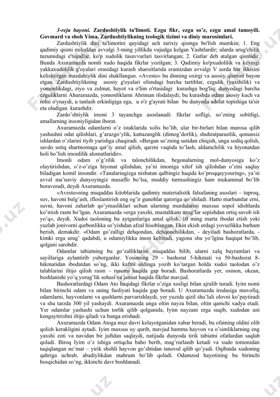 ka barham berib, yakkaxudolikka sig'inishni targ'ib etish deb bilgan va shu vazifani bajargan. zardushtiylik eradan avvalni vii-vi asrlarga xos bo'lgan din sifatida undan oldingi urug'-qabilachilik dinlari negizida paydo bulgan yakkaxudolik dini. u eramizning to vii-ix asrlargacha turli shaklda davom etib, so'ngra uning o'rnini islom egallagan. u dastavval xorazm vohasida shakllanib, yaqin va o'rta sharqgacha tarqalib, ayrim asoratlari haligacha saqlanib kelmoqda. 2-reja bayoni. zardushtiylik shakllangan tarixiy sharoit. zardo’shtning diniy islohoti o’z-o’zidan yuzaga kelgan emas. g`arbiy evropa va rus tadqiqotchilarining fikricha, milodgacha bo’lgan 3-2 ming yilliklarda markaziy osiyoda oriy deb atalgan qabila yashagan. a. p primakning aytishicha, oriylar ko’chmanchi chorvadorlar bo’lishgan. ularda yozma adabiyot bo’lmagan, ammo hayratomuz og’zaki ijod iste’dodiga ega bo’lib, ular yaratgan o’ziga xos ashula, gimnlar, o’git-nasihat shaklidagi qo’shiqlar avloddan-avlodga o’tib borgan. umuman, sharqda qadimda inson ichki olamini munavvar etish, niyati bilan amal mushtarakligiga jiddiy ahamiyat berish diniy va falsafiy fikrlarning markazida turgan. angliyadagi oksford universitetining professori maks myuller pomir …