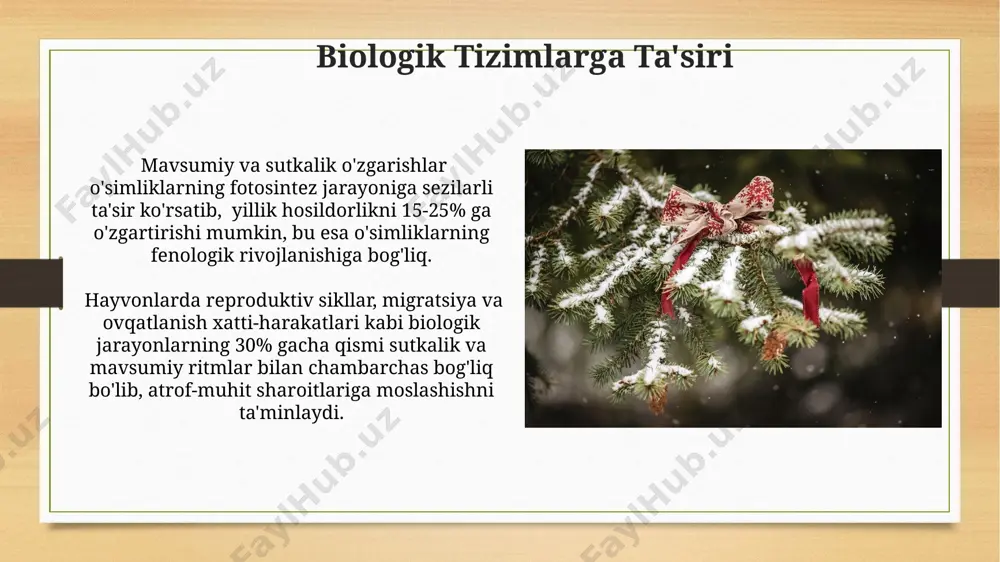 a kunduzgi o'zgarishi o'zbekistondagi yog'ingarchilik miqdori kuzda 30-40 mm gacha, bahorda esa 10-20 mm gacha kamayadi, bu mavsumiy o'zgarishni ko'rsatadi. kunduzgi haroratning 10°c ga oshishi yog'ingarchilik intensivligini 20% ga oshirishi mumkin, lekin bu namlik miqdoriga bog'liq. modellashtirish va bashorat mavsumiy va sutkalik o'zgaruvchanlikni modellashtirishda 0,1°c dan kamroq aniqlikka erishish uchun yuqori aniqlikdagi atmosfera ma'lumotlari va murakkab algoritmlar talab etiladi. klimat modellari yordamida kelgusi 10 yil ichida o'rtacha haroratning 1-2°c ga oshishini bashorat qilish mumkin, ammo bu bashoratlar noaniqliklarni o'z ichiga oladi. haroratning mavsumiy va kunduzgi o'zgarishi tog'li hududlarda, balandlikning har 100 metri uchun harorat taxminan 0.6°c ga pasayadi, bu mavsumiy o'zgarishlar bilan birgalikda murakkab mikroiqlimni yaratadi. o'zbekistonning cho'l hududlarida haroratning sutkalik amplitudasi 20-30°c ga, ba'zi hollarda esa 40°c dan ham oshib ketishi mumkin, bu esa katta issiqlik stressini keltirib chiqaradi. e'tiboringiz uchun rahmat @taqdimot_robot image7.jpg image8.jpg image9.jpg image10.jpg image11.jpg image12.jpg image13.jpg image14.jpg image15.jpg image16.jpg image17.jpg image18.jpg image3.png image4.png