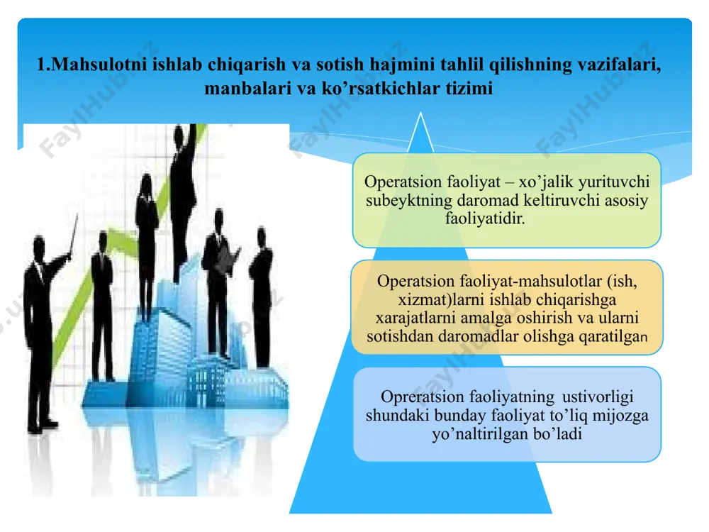 shlab chiqarish qoldig‘i hamda korxonaning o‘zida tayyorlangan yarim- fabrikatlar va asboblardan iboratdir tovar mahsuloti deganda, barcha ishlab chiqarish bosqichlarini o‘tgan, to‘la butlangan, texnika nazorati bo‘limidan ham o‘tgan va omborga topshirilgan mahsulot tushuniladi sotilgan mahsulot deganda, tovarlar iste’molchilarga jo‘natilib, uning haqi mol yuboruvchilarning bankdagi hisob-kitob raqamiga o‘tkazilishi tushuniladi mahsulot ishlab chiqarish va sotishini ifodalovchi asosiy ko‘rsatkichlar ishlаb chiqаrish dаsturini bаjаrilishini tаhlil qilishdа bir qаnchа ахbоrоt mаnbаlаridan foydalaniladi. mоliyaviy, stаtistik vа оpеrаtiv hisоbоtlаr mаhsulоt sоtish ko’rsаtkichlаrini o’rgаnishning аsоsiy mаnbаi hisоblаnаdi: biznes-reja ma’lumotlari; “kоrхоnа (birlаshmа)ning mаhsulоt ishlаb chiqаrish bo’yichа yillik hisоbоti”; “kоrхоnаlаr (tаshkilоtlаr) mаhsulоt ishlаb chiqаrish, ishlаr vа хizmаtlаr хаrаjаtlаri to’g’risidа hisоbоt”; sоtish jаrаyonlаri bo’yichа dаstlаbki buхgаltеriya hisоbi mа’lumоtlаri; «buxgalteriya balansi» ma’lumotlari; «moliyaviy natijalar to’g’risidagi hisobot» ma’lumotlari. mahsulotlar ishlab chiqarish va sotish muomalalari tahlilining obyektlari esa quyidagilar: · mahsulotlar turlari va assortimenti bo‘yicha ishlab chiqarish hajmi; · mahsulotlarning sifati va raqobatbardoshligi; · ishlab chiqarilgan va sotilayotgan mahsulotlarning tarkibi; · ishlab chiqarishning maromiyligi va …