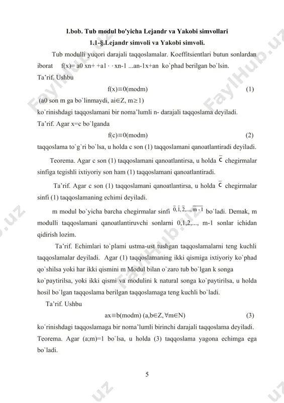 ichga tegishli bo`ladi. natija. agar (;k)=1 bo`lsa, u holda a son ko`rsatkichga tegishli bo`ladi. ta’rif. agar (a,m)=1 bo`lib, =(m) bo`lsa, u holda a son m modul bo`yicha boshlang`ich ildiz deyiladi. (m) ning o`zidan boshqa hamma bo`luvchilarini topganimizda, bu bo`luvchilardagi ixtiyoriy a son bo`lganda a son uchun a1(modm) bo`lsa, u holda a son m modul bo`yicha boshlang`ich ildiz bo`ladi. 4,5,6,7,8,9,10 sonlarning ham 11 modul bo`yicha boshlang`ich ildiz yoki boshlang`ich ildiz emas ekanligini shu yo`l bilan tekshirib ko`riladi. ba’zi modulga ko`ra boshlang`ich ildiz bo`lmasligi mumkin. masalan, m=5 bo`lsa, (15)=8 bo`lib, ko`rsatkichi 8 ga teng bo`lgan son mavjud emas. boshlang`ich ildizlar faqatgina m=2, 4, r, 2p (r-toq tub son, 1 natural son) sonlar uchun mavjud bo`ladi. boshlang`ich ildizlar bevosita hisoblash usulida topiladi. lemma. r-tub son bo`lib, son r-1 sonning bo`luvchisi bo`lsin, u holda r modul bo`yicha chegirmalarning keltirilgan sinflar sistemasida ko`rsatkichga tegishli sinflar soni () ta bo`ladi. teorema. r tub modul bo`yicha tuzilgan …