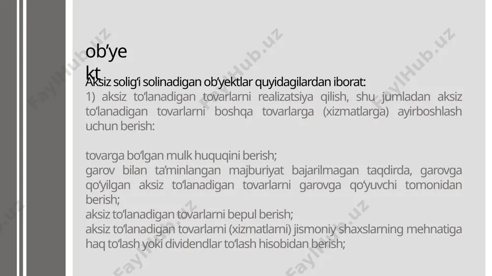 ʻi quyish shoхobchalari joylashgan yerdagi soliq organlariga har oyda, soliq davridan keyingi oyning oʻninchi kunidan kechiktirmay taqdim etiladi. to`lov soliqni toʻlash soliq hisobotini taqdim etish muddatidan kechiktirmay amalga oshiriladi. (2-q.) import qilinadigan tovarlar boʻyicha soliqni toʻlash bojхona toʻgʻrisidagi qonunchilikda belgilangan muddatlarda amalga oshiriladi. aksiz markalari bilan tamgʻalanishi lozim boʻlgan olib kiriladigan aksiz toʻlanadigan tovarlar boʻyicha soliq aksiz markalari olinguniga qadar toʻlanadi. image1.jpg image2.jpg image3.jpg image4.jpg image5.png image6.png /docprops/thumbnail.jpeg