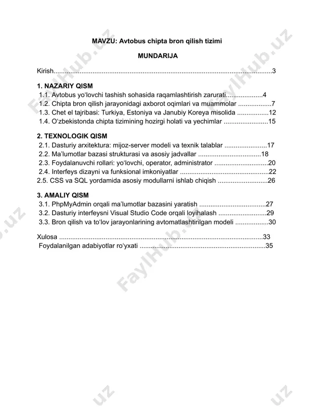 joy band bo‘lishi yoki noqulayliklar, mavjud tizimlarning samarasizligi, foydalanuvchi uchun tushunarsiz interfeyslar – bularning barchasi xizmat sifatining pasayishiga olib kelmoqda. zamonaviy bron tizimlari yordamida foydalanuvchilarga tez, aniq va qulay xizmat ko‘rsatish imkoniyati paydo bo‘ladi. online bronlash orqali yo‘lovchilar o‘zlari istagan vaqt va marshrutni tanlab, joyni oldindan band qilishlari, to‘lovni elektron shaklda amalga oshirishlari mumkin. bu nafaqat mijozlar uchun, balki tashuvchilar uchun ham statistik ma’lumotlar yig‘ish, tahlil qilish, resurslarni boshqarish va rejalashtirish imkonini yaratadi. mazkur loyiha aynan avtobus chipta bron qilish tizimini yaratish va uni zamonaviy texnologiyalar asosida avtomatlashtirishni maqsad qilgan. loyiha davomida mavjud tizimlar o‘rganiladi, foydalanuvchi ehtiyojlari tahlil qilinadi va texnik yechimlar asosida funksional platforma ishlab chiqiladi. ushbu platforma orqali yo‘lovchi chipta band qilish, to‘lovni amalga oshirish, marshrutni tanlash kabi amallarni mustaqil bajarishi mumkin bo‘ladi. shuningdek, loyiha doirasida o‘zbekiston transport tizimining raqamlashtirilish holati, mavjud muammolar va chet el tajribasi ham tahlil qilinadi. bu esa, ishlab chiqiladigan tizimning real ehtiyojlarga mos …