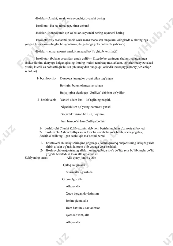 a kelajaging iloyim porloq bo,lsin alla allayo alla (onasi alla ayta-ayta chiqib ketadi) 1- boshlovchi:- allalar og’ushida jajji qizaloq sochlari jingalak go’zal qiz bo’ldi dadajonisi duo qilgandek temirdek irodali bir yulduz bo’ldi 2- boshlovchi:-1922-yildan 1-sinfga qadam tashladi.o’zi tug’ilgan go’zal maskanning maktabida saboq ola bosh ladi 1-boshlovchi:1931-yilda maktabni tugatdi va yana o’qish maqsadidagi uning orzulari limmo-lim edi. dastlab qizlar bilim yurtida, so’ng til va adabiyot institutning aspiranturasida o’qidi. umrini, hayotini jurnalistika va adabiyotga bag’shladi . 2-boshlovchi:-yoshligidanoq adabiyotga havas qo’ygan, sherlari bilan xalqqa tanila boshlagan, shoira nomini olgan bu iste’dodli qiz o’z umrini, hayot yo’lini 1935-yil 23-iyulida baxt va shodlik kuychisi shoir hamid olimjon bilan bog’ladi . uning sevimli rafiqasiga , vafoli yoriga aylandi . 1-boshlovchi:- xamid olimjonning zulfiyadek sevimli yoriga ushbu dil izshorlari she’rga, sherlari esa qo’shiqqa aylangani bejiz emas (“yoshlik chog’mda “qo’shig’i ijro etiladi). 2-boshlovchi:-sevimli shoiramiz hamid olimjon bilan baxtli edi . unig har bir satri, har bir misralari vafodan …