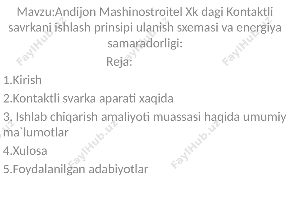 blikasining qator logistika kompaniyalari bilan shartnomalar imzolab, yuk vagonlari qayta ishlab xizmat muddatlari uzaytirilib kelinmoqda xulosa: men ushbu amaliyot davrida andijon mexanika zavodida nazariy bilimlarimizni amaliyotga tadbiq etdik.biz amaliyotning birinchi,ikinchi kunlarida texnika xavsizlik qoidalari, ichki tartib qoidalari bilan tanishib chiqdik qolgan kunlarda esa zavodning ish faoliyati va qanday detallar ishlab chiqarilishlarini bilib oldik.biz korxonada amaliyot oʻtash davrida har bir detalni ishlab chiqarilish jarayoni bilan tanishib chiqdik va oʻzimiz ham ushbu jarayonda ishtirok etdik. biz amaliyot oʻtash davrida korxonadagi muammolarini gaplashdik.zavoddagi aksariyat qurilmalar eskirgan va ularning ishga tushish toki yuqori boʻlib ketgan.agar ushbu muammolar bartaraf etilmasa energiya isrofi yuzaga keladi.bu esa oʻz navbatida energiya yetishmasligi qurilmalarni ishdan chiqishi zavodning qanchadir vaqt davomida toxtab qolishi va shunga oʻxshash boshqa muammolarni keltirib chiqaradi. foydalanilgan adabiyotlar: 1. g'oyipov t.sh. "elektr tarmoqlari va jihozlarini yig'ish va sozlash". voris- nashriyot, 2012-yil. 2. imomnazarov a.t. "elektr tarmoqlarini ta'mirlash texnologiyasi". 2010-yil. 3. majidov s. "elektr mashinalari va elektr …