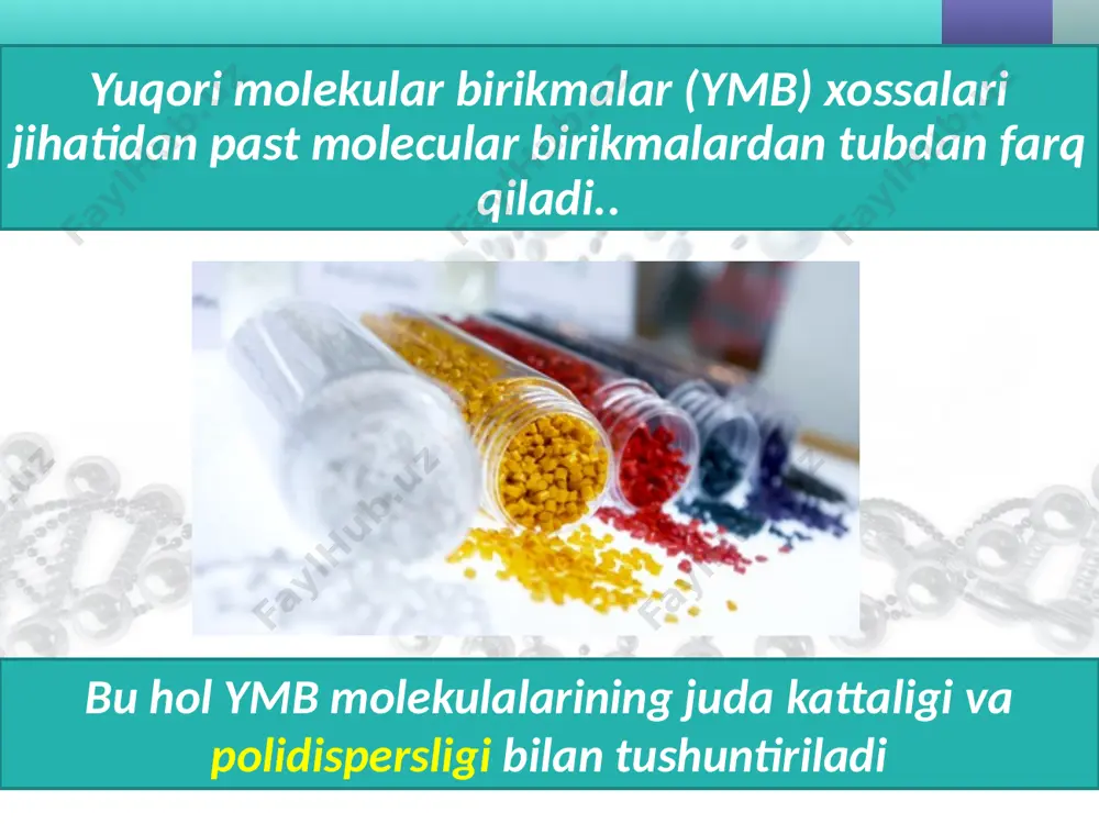 parchalanadi. polivinilxlorid oddiy sharoitda organic erituvchilarda qiyin eriydi. тurli agressiv moddalar ta’siriga chidamli bo‘lgani uchun texnikada, asosan, har xil trubalar yasash, reaktorlarning ichki tomonini qoplashda ishlatiladi. kauchuk tabiiy ymb sinfiga kiradi va uning monomeri izoprendir (2-metilbutadien- tabiiy kauchuk izoprenni polimerlanish mahsuloti ekanligi aniqlandi. sintetik kauchukning monomeri butadien-1,3 bo’lib, xalq xo‘jaligining birorta tarmog‘i yo‘qki, kauchuk va uning vulkanlanish mahsuloti—rezina ishlatilmagan bo‘lsin. lekin o‘simlikdan olinadigan kauchuk xalq xo‘jaligining kauchukka bo‘lgan talabini qondira olmaydi. shu sababli, sintetik kauchuk olishning sanoat usullarini topish zaruriyati tug‘ildi: ch2 = ch - ch = ch2 → (-ch2 - ch = ch - ch2- )n image2.jpg image3.jpeg image4.jpeg image5.jpeg image6.png image7.jpeg image8.jpeg image9.jpeg image10.jpeg image11.jpeg image12.jpeg image13.jpeg image14.jpeg image15.jpeg image16.emf image17.emf image18.jpeg image19.jpeg image20.jpeg image21.jpeg image22.jpeg image23.gif image24.jpeg image25.jpeg image26.jpeg image27.jpeg image28.jpeg image29.png image30.jpeg image31.jpeg image1.jpg