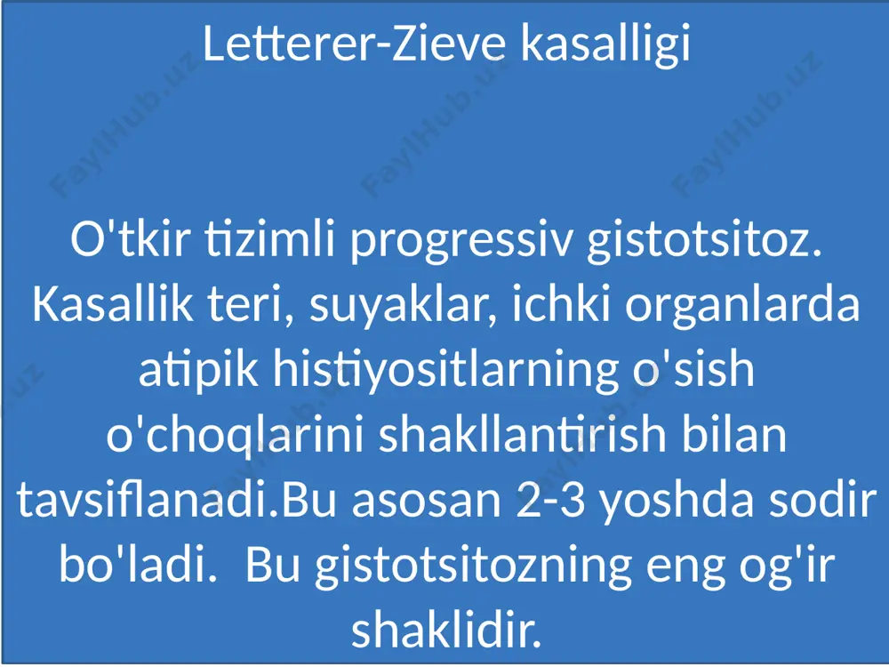 ng rentgenologik tekshiruviga asoslanadi va jarohatlardan punktat yoki biopsiya namunasi bilan tasdiqlanadi. kasallik erta bolalik davrida yuzaga keladi va nafaqat alveolyar jarayonning suyak to'qimasi, balki tanasi, pastki jag'ning shoxlari va skeletning boshqa tekis suyaklari ham ta'sir qiladi. hozirgacha ko'pchilik bolalar uchun prognoz yomon, ammo 3-5 yilgacha davom etadigan davolanish tufayli remissiya mumkin. "letterera-siwe kasalligi" atamasi kasallikning o'tkir fulminant proliferativ shaklini belgilash uchun ishlatilgan, bu asosan yangi tug'ilgan chaqaloqlarda va uch yoshgacha bo'lgan bolalarda uchraydi. kasallikning ushbu shaklining birinchi ko'rinishlari ko'pincha terida, birinchi navbatda, magistralda, keyin esa bosh va oyoq-qo'llarda eritematoz toshmalar paydo bo'lishigacha kamayadi. bundan tashqari, kasallik doimiy past darajadagi isitma, anemiya, trombotsitopeniya, gepatosplenomegaliya va limfa tugunlarining shishishi bilan kechadi. letterer-siwe kasalligi bo'lsa, hend-schuller-christian kasalligi va eozinofil granuloma kabi suyak shikastlanishi mumkin. lettertera-siwe kasalligining erta namoyon bo'lishi tishlarning erta yo'qolishi bilan og'riq, shish, yaralar, tish go'shti nekrozi yoki jag'ning alveolyar tizmasining suyak to'qimasini yo'q qilish bo'lishi mumkin. kasallikning prognozi noqulay. …