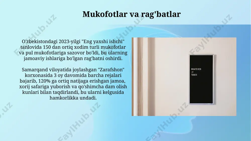gan, bu iqtisodiy zararlarga olib kelgan. raqobatbardoshlik jahon iqtisodiy forumining 2023-yilgi hisobotiga ko‘ra, o‘zbekistonning global raqobatbardoshlik indeksi 50-o‘rinda turadi va infratuzilmani yaxshilash va korrupsiyani kamaytirish orqali keyingi 5 yilda yuqori o‘rinlarga ko‘tarilish imkoniyatiga ega. 2022-yilda toshkent shahrida o‘tkazilgan tadqiqotlar shuni ko‘rsatdiki, kichik va o‘rta biznes sub’ektlarining 30% dan ortig‘i raqobatbardoshlikni ta’minlash uchun zamonaviy marketing vositalaridan foydalanmaydi, bu esa ularning bozor ulushini kamaytiradi. kelajakdagi hamkorlik kelajakdagi hamkorlikda 2025-yilgacha 5 ta yirik osiyo davlati o'rtasida savdo hajmini 30% ga oshirish rejalashtirilgan, bu esa 15 milliard dollardan ortiq iqtisodiy foyda keltirishi mumkin. markaziy osiyo mintaqasida 2024-yilda 7 ta yirik loyihada 1000 dan ortiq mutaxassis ishtirok etib, yangi texnologiyalarni qo'llash orqali samaradorlikni 20% ga oshirishga qaratilgan hamkorlik kuzatilmoqda. o'zaro bog'liqlik 2022-yilgi tadqiqotlar shuni koʻrsatdiki, oʻzbekistondagi 3 ta turli mintaqada oʻzaro bogʻliqlik darajasi yuqori boʻlgan jamoalar ancha yuqori hosil olishgan. oʻzaro bogʻliqlik, masalan, 50 ta fermer xoʻjaligining suv resurslarini birgalikda boshqarish kabi, samarqand viloyatida samarali …