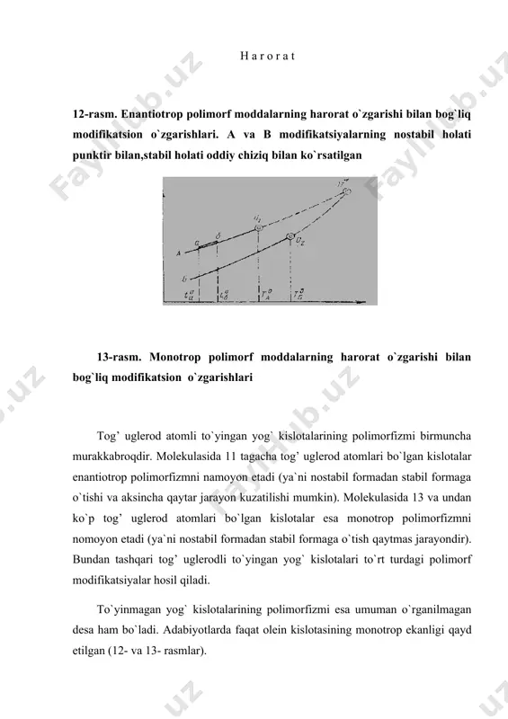 amlari ( karboksil ( metil guruhlari yog` kislotalari kristallarining qo`sh qatorlarida metil guruhlari joylashuvi quyidagi formalarda bo`lishi mumkin (15-rasm): 15-rasm. yog` kislotalari kristallari juft qatorlarida metil guruhlarining o`zaro joylashuvi (kontakti)ning ehtimoliy formalari kristallarning qo`sh qatorlarda karboksil guruhlarining o`zaro joylashuvining ikki turini kuzatish mumkin: a) simmetrik; b) nosimmetrik; 16-rasm. karboksil guruhlari orientatsiyasi: a - simmetrik; b – nosimmetrik stabil modifikatsiyadagi kristallarning nostabil modifikatsiyadagilardan zichligi katta, massa birligidagi hajmi esa (solishtirma hajm) kichik. shu sababli qattiq fazadagi nostabil formaning stabil modifikatsiyaga o`tishi hajmning kamayishiga olib keladi va buni dilatometrik usulda aniqlash mumkin. muvozanat holidagi yog` kislotalari aralashmasini juda sekinlik bilan sovutish zarur. tez sovutilgan yog` kislotalari strukturasi muvozanatli strukturadan farq qiladi. 3.yog` kislotalarining reaktsion qobiliyati yog` kislotalari molekulasi tarkibi va strukturasi bo`yicha farq qiladigan ikki xil qismdan karboksil guruhi va uglevodorod radikalidan tashkil topganligi sababli ularning reaktsion qobiliyatini aynan shu guruhlar belgilab beradi. bu guruhlar atomlari orasidagi bog`larning hosil bo`lishi va parchalanishi …