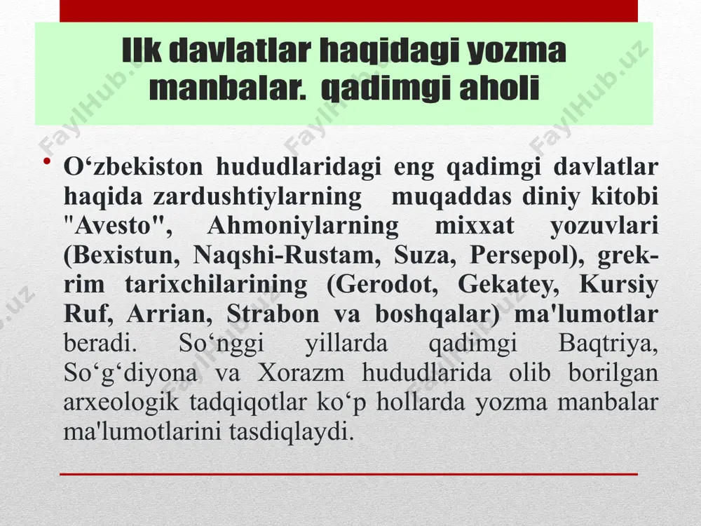latining tashqi yurishlari kuchayadi; -mil. avv. 530 yilda fors podshohi kir ii ning o‘rta osiyoga yurishi va uning saklar malikasi to‘maris tomonidan mag‘lubiyatga uchrashi -mil. avv. 519—518 yillarda doro i o‘rta osiyodagi sak qabilalari ustiga yurish qilib, ularni mag‘lubiyatga uchratgan; -shiroq jasorati; -forslar tomonidan istilo qilingan barcha mulklar satrapliklarga bo‘linib, ularni satraplar boshqargan. satraplar ahamoniy podsholari tomonidan tayinlangan. o‘rta osiyo mulklari to‘rtta satraplikdan iborat bo‘lgan, jumladan, kaspiy bo‘yida yashovchi ko‘chmanchi qabilalar xi satraplik, baqtriya xii satraplik, saklar o‘lkasi xv satraplik, xorazm, so‘g‘d va parfiya xvi satraplikni tashkil qilgan; -mil. avv. 540-530 yillardan mil. avv. 330 yilga qadar o‘rta osiyo mulklari qadimgi fors podsholigi tarkibida bo‘lgan; -oromiy alifbosiga asoslangan o‘z yozuvlariga asos solingan. sparetra va amargani tumaris saklar sardori skunxa makedoniyalik aleksandr 329 yil baqtriyani egallagach, satrap bess, oke (ukuz, amudaryo) dan kechib o‘tib, navtaka (qashqadaryo vohasi) ga chekingan. ammo bess tezda qo‘lga olinib, qatl etilgan. so‘ng, aleksandr samarqand (marokanda)ni egallab, …