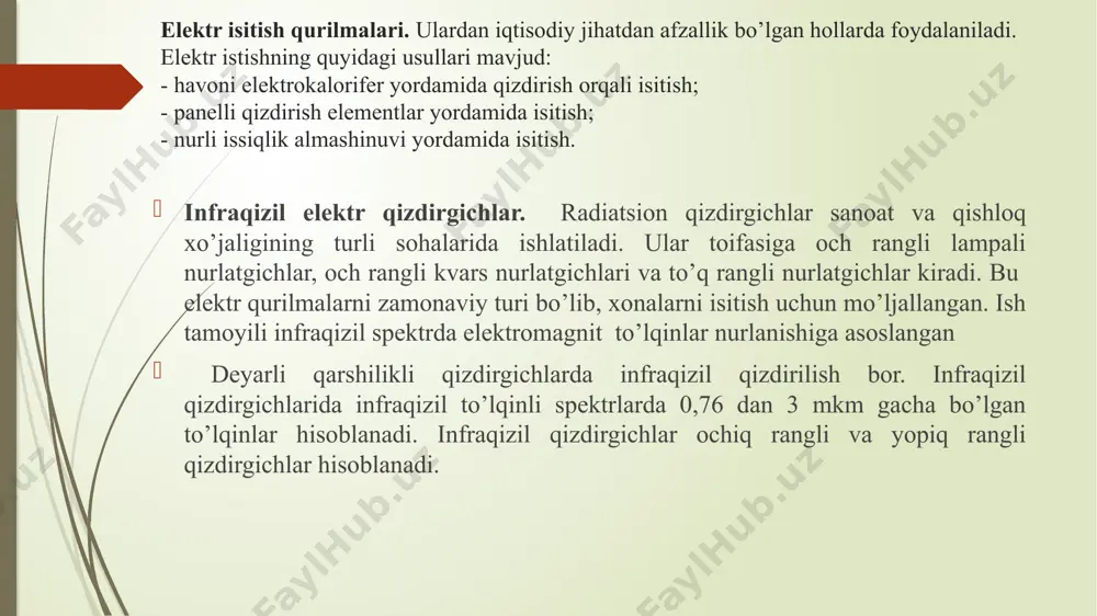 ga boʼlish mumkin: 1) mahsulotlarni termik va termokimyoviy qayta ishlash uchun moʼljallangan termik pechlar. 2) oson eruvchi metallar va qotishmalarni eritish uchun moʼljallangan eritish pechlari. 3) quritish pechlari. bevosita qizitish qurilmalari va pechlari. bevosita ishlovchi pechlarda muhsulot, masalan metall sterjen ikkala tomondan siqish moslamasiga o’rnatiladi va u sterjendan tok oqib unga issiqlik chiqaradi. natijada mahsulot kerakli haroratgacha qizdiriladi. ushbu qurilmalarning sasosiy elektr jihozlari pasaytiruvchi transformatorlar, kontaktni siqish mexanizmlari, qizdirish jarayonini avtomatik boshqarish qurilmalari. bevosita qurilmalarning quvvati 2000 kva, kuchlanish 380 v, 1000 v va undan yuqori. bevosita qizitish, issiqlik bevosita qizdirilayotgan qismida elektr toki oqayotgan taqdirda ajraladi. davriy holatda ishlovchi elektr qarshilik pechlari. e’tiboringiz uchun rahmat!!! image1.png image2.png image3.png image4.png image5.png image6.png image7.png image8.png image9.emf “qalpoq” tipidagi pech - futerovkalangan (yuqori haroratga chidamli) va qo’zg’almas stendga qizdiriluvchi mahsulot o’rnatilgan bo’lib, ustidan avval o’tga chidamli mufel o’rnatilib, so’ngra mahsulotni qizdirish uchun mo’ljallangan qizdirish elementi bilan ta’minlangan “qalpoq“ o’rnatiladi. qizdirish elementlari qalpoqning …