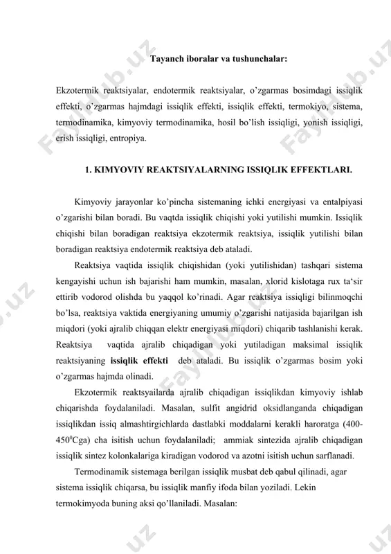 an issiqlik musbat deb qabul qilinadi, agar sistema issiqlik chiqarsa, bu issiqlik manfiy ifoda bilan yoziladi. lekin termokimyoda buning aksi qo’llaniladi. masalan: сасо3 = сао +со2 – 179,2 кж reaktsiyalarning birinchisida issiqlik ajralib chiqadi, ikkinchisida esa issiqlik yutiladi. bu termokimyoviy ifodalash bo’lsa, termodinamikaviy ifodalash quyidagicha bo’ladi: н2 + о2 = н2о; н0 = - 286,06кж сасо3 = сао + со2 ; н0 = 179,2 кж oddiy moddalardan 1 mol murakkab modda hosil bo’lishida ajralib chiqadigan yoki yutiladigan issiqlik shu murakkab moddaning hosil bo’lish issiqligi deyiladi. issiqlik chiqishi bilan hosil bo’lgan moddalar odatdagi sharoitda issiqlik yutilishi bilan hosil bo’lgan moddalarga qaraganda barqarorroq bo’ladi. murakkab moddaning 1 moli oddiy moddalarga ajralganda chiqqan yoki yutilgan issiqlik ajralish issiqligi deyiladi. 1 mol modda 300-400 mol erituvchida eriganda ajralib chiqqan yoki yutilgan issiqlik erish issiqligi deyiladi. erish issiqligi erigan modda bilan erituvchining nisbiy miqdoriga bog’lik bo’ladi. qattiq modda suvda eritilganda moddaning kiristall panjarasi buziladi va …