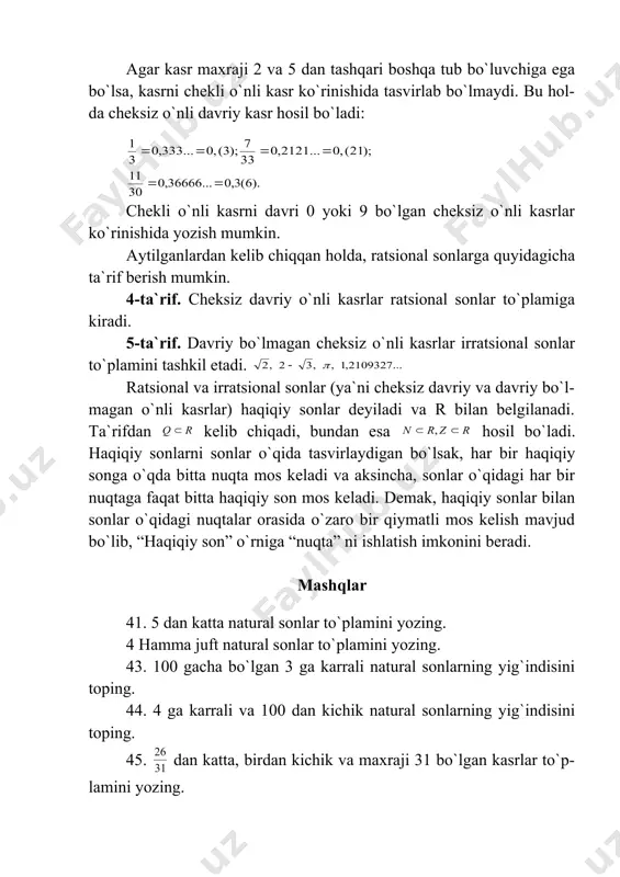 teskari sonlarni yozing: 49. 1) -5; 2) 3; 3) ; 4) . 50. 1) ; 2) ; 3) ; 4) . quyidagi juftliklardan o`zaro teskari sonlarni aniqlang. 51. 1) 2) 3) 4) 5 1) 2) 3) 4) quyidagi kasrlardan qaysilari chekli o`nli kasr bo`ladi. 53. 1) 2) 3) 4) 54. 1) 2) 3) 4) quyidagi kasrlarni chekli yoki cheksiz o`nli kasr shaklida yozing. 55. 1) 2) 3) 4) 56. 1) 2) 3) 4) javoblar: 4 haqiqiy sonlar ustida arifmetik amallar butun sonlar ustida arifmetik amallar bizga ma`lum. ratsional kasrlar ustida bu amallar quyidagicha bajariladi: 1) qo`shish: . umumiy maxraj topishda agar (b, d)=1 bo`lsa, umumiy maxraj ularning ko`paytmasi bd bo`ladi, agar (a, b)>1 bo`lsa, umumiy maxraj a ga ham b ga ham bo`linadigan sonlardan eng kichigi bo`ladi. 2) ayirish: ad-bc ning ishorasi a-b ning ishorasiga qarama-qarshi bo`lsa, a-b dan bitta butun olib quyidagicha yozamiz va amalni bajaramiz: misol: 3) ko`paytirish: …