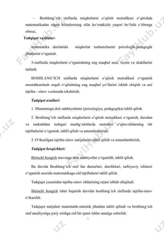 rli narsalarning, borliq dunyoning xossalari aks etgan. miqdor tushunchasi narsa yoki hodisaning xossasi bo ’lib, bu tushunchalar o’quvchilarning butun o’qishi davrida shakllanadi. biz o’quvchilarga uzunlik, jismning massasi (og’irlik), hajmi, vaqt, figuraning yuzi kabi miqdorlar to’g’risida tushuncha berishimiz kerak. bu tushunchalarni o’rganish arifmetik material bilan qo’shib o’qitiladi. masalan: o’lchashni o’rganish, sanashni o’rganish bilan, o’lchov birliklari sanoq sismavzusi bilan, ismli sonlar abstrakt sonlarni nomerlash bilan miqdorlar ustida amallar arifmetik amallar bilan parallel o’qitiladi. miqdorlarni o’qitish matematikani hayot, sharoit bilan bog’liq holda o’qitib, politexnik bilimlar berish demakdir. hisoblash va yasash ishlarini bajarilishini, mehnat tarbiyasini, estetik ta’lim berishni kuchaytiradi. ayniqsa miqdorlarni ko’rgazmali, aynan o’zini va laboratoriyalarda tushuntirish imkoni mavjud. atrof muhitdagi mavjud miqdorlar va ularni o’lchashni amaliyotda ko’radilar, kuzatadilar, haqiqatligiga ishonadilar. hisoblash ishlarini yakka bajaradilar. miqdorlarni tushuntirishda figuralar modellar, chizmachilik va o’lchash asboblaridan keng foydalanish kerak. kesma uzunligini eng avvalo taqqoalash bilan kesmalarning teng, katta, uzun, qisqa, kalta kabi tushunchalarini beramiz. amaliy ishlar bilan …