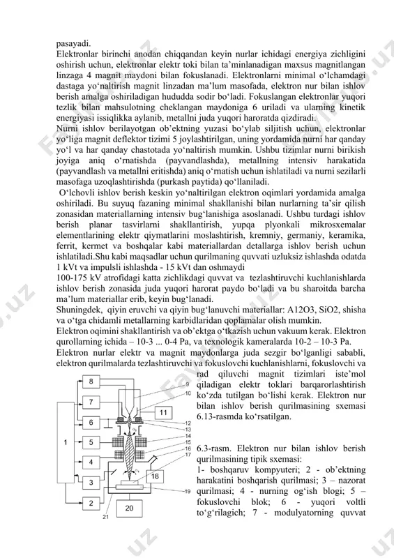 elektronlarni chiqaradi (emissiya). katod o‘tga chidamli metallardan yoki maxsus keramikadan qilingan. katod zanglamaydigan po‘latdan yasalgan katod elektrod 2 ichiga joylashtirilgan. katoddan bir oz masofada teshikka ega tezlashtiruvchi elektrod (anod) 3 joylashgan. katod va anod o‘rtasida yuqori kuchlanishli elektr maydoni hosil bo‘ladi, buning natijasida katoddan chiqadigan elektronlar tezlashadi. katod-elektrod va tezlashtiruvchi elektrodlar, ular orasidagi elektrodlarni anod teshigining diametriga teng bo‘lgan nurga mahkamlaydigan elektr maydon tuzilishini ta’minlaydigan shaklga ega. tezlashtiruvchi elektrodning ijobiy potensiali bir necha o‘n minglab voltga yetishi mumkin, shuning uchun katod tomonidan chiqarilgan elektronlar anodga boradigan yo‘lda sezilarli tezlik va energiya oladi. tezlashtiruvchi elektroddan keyin elektronlar bir tekis harakatlanadi. pushka yuqori voltli o‘zgarmas tokli manbadan elektr energiyasi bilan ta’minlanadi. elektronlar bir xil zaryadga ega, shuning uchun ular bir-birlarini itaradilar, buning natijasida elektron nurining diametri oshadi va nur ichidagi energiya zichligi pasayadi. elektronlar birinchi anodan chiqqandan keyin nurlar ichidagi energiya zichligini oshirish uchun, elektronlar elektr toki bilan ta’minlanadigan maxsus magnitlangan linzaga …