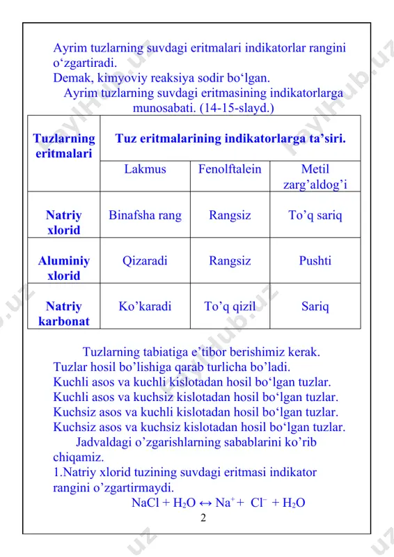 ajraladi. •kuchli asos va kuchli kislotadan hosil bo‘lgan tuzlarning erimalari muhiti neytral bo’ladi. bunday tuzlar gidrolizlanmaydi. (16-18-slaydlar.) “gidroliz” so’zi yunoncha “gidro” – suv, “lizis” – parchalayman degan ma’noni anglatadi. •kuchsiz asos va kuchli kislotadan hosil bo‘lgan tuzlar . alcl3 + hoh ↔ aloh2+ + cl– + h+ bunday tuzlarning gidrolizlanishidan muhit kislotali bo‘ladi. (19-21-slaydlar.) •kuchli asos va kuchsiz kislotadan hosil bo‘lgan tuzlar (kno2, na2co3, k2s va h.) suvda eritilganda gidrolizlanadi. na2co3 + hoh ↔ 2na+ + hco3- + oh– 2na+ + co3 2-+ hoh↔ 2na+ + hco3- + oh– bunday tuzlarning suvdagi eritmasi ishqoriy muhitga ega bo‘ladi. (22-25-slaydlar.) •kuchsiz asos va kuchsiz kislotadan hosil bo’lgan tuzlar ( (nh4)2co3, ch3coonh4, al2s3 va h.)gidrolizlanganda hosil bo‘lgan yangi asos va kislotaning kuchiga qarab muhit turlicha bo‘ladi. ya’ni gidroliz oxirigacha boradi. ch3coonh4 + h2o↔ ch3 cooh + nh4oh (ch3coo- + nh4+ + h2o ↔ ch3cooh + nh4oh) •juda kuchsiz asos va juda kuchsiz kislotadan …