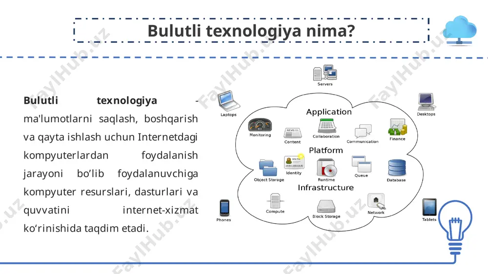 hli va ishonchli bo'lishi kerak barcha ma'lumotlar internet-provayderga nafaqat saqlash, balki qayta ishlash uchun ham ishonib topshirilishi mumkin emas onlayn xizmat ko'rsatuvchi provayder bir kun muvaffaqiyatsiz bo'lishi xavfi mavjud zaxira ma'lumotlar va u serverning ishdan chiqishi natijasida yo'qoladi. ma'lumotlaringizni onlayn xizmatga ishonib, siz ular ustidan nazoratni yo'qotasiz va erkinligingizni cheklaysiz (foydalanuvchi o'zining ba'zi ma'lumotlarini o'zgartira olmaydi, u o'ziga bog'liq bo'lmagan sharoitlarda saqlanadi). bulutli hisoblashning kamchiliklari bulutli texnologiyalarni qo'llash ta'limda bulutli texnologiyalardan foydalanishga misol sifatida elektron kundalik va jurnallarni, talabalar va o'qituvchilarning shaxsiy kabinetlarini, interaktiv qabul xonasini va boshqalarni nomlash mumkin. bu talabalar ma'lumot almashishlari mumkin bo'lgan tematik forumlardir. bu, shuningdek, o'qituvchi yo'qligida yoki uning rahbarligi ostida talabalar ma'lum ta'lim muammolarini hal qilishlari mumkin bo'lgan ma'lumot qidirishdir. buning uchun siz foydalanishingiz mumkin: kompyuter dasturlari elektron darsliklar diagnostika, test va trening tizimlari amaliy dasturiy ta'minot laboratoriya komplekslari multimedia texnologiyasiga asoslangan tizimlar telekommunikatsiya tizimlari (masalan, elektron pochta, telekonferentsiya elektron kutubxonalar va boshqalar. yangi …