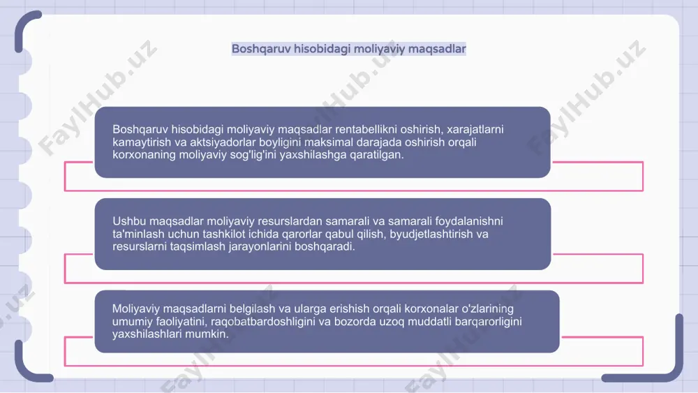 maqsadlar ko'pincha xarajatlar samaradorligini oshirish, resurslarni taqsimlashni optimallashtirish va ma'lumotlarga asoslangan tushunchalar orqali umumiy biznes samaradorligini oshirish atrofida aylanadi. aniq maqsadlarni belgilash va moliyaviy ma'lumotlarni tashkiliy ustuvorliklarga moslashtirish orqali boshqaruv hisobchilari biznes rahbarlariga barqaror o'sish va raqobatbardosh ustunlikni ta'minlovchi asosli qarorlar qabul qilishda yordam berishda muhim rol o'ynaydi. boshqaruv hisobidagi samaradorlikni baholash maqsadlari boshqaruv hisobidagi samaradorlikni baholash maqsadlari tashkilot faoliyatining umumiy samaradorligi va samaradorligini baholashga qaratilgan. ushbu maqsadlar kompaniya faoliyatini baholash uchun asosiy faoliyat ko'rsatkichlarini o'lchashni o'z ichiga oladi. ish faoliyatini baholashning aniq maqsadlarini belgilash orqali rahbariyat yaxshilashni talab qiladigan sohalarni aniqlashi va unumdorlik va rentabellikni oshirish uchun asosli qarorlar qabul qilishi mumkin. bu tashkilot resurslarini boshqarishga yanada strategik yondashish imkonini beradi. oxir oqibat, boshqaruv hisobidagi samaradorlikni baholash maqsadlarining maqsadi doimiy takomillashtirish va kompaniyaning moliyaviy va operatsion maqsadlariga erishishini ta'minlashdir. ishlash ko'rsatkichlarini kuzatish va tahlil qilish orqali menejment kompaniyani muvaffaqiyat sari yo'naltirish uchun ma'lumotlarga asoslangan qarorlar qabul qilishi mumkin. boshqaruv …