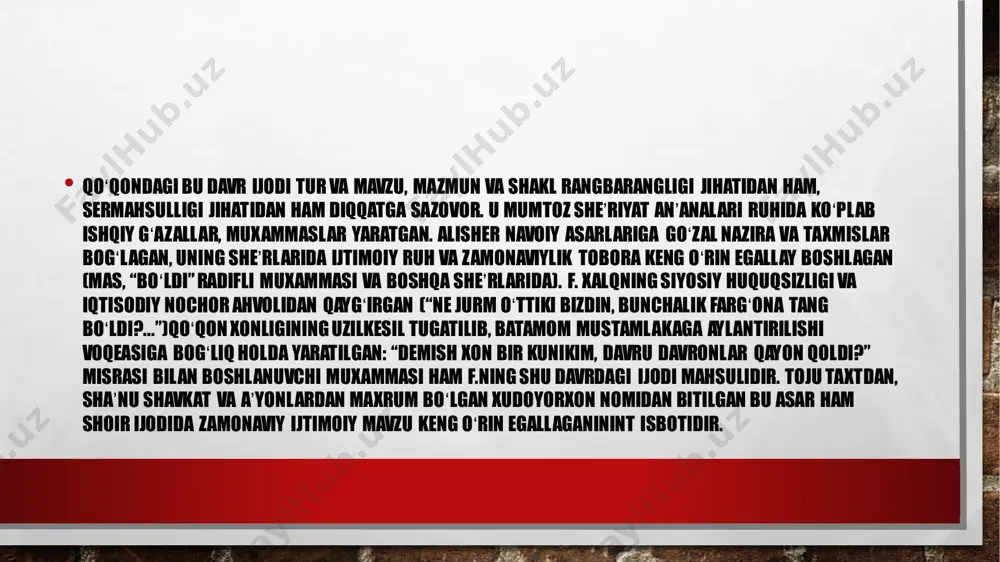 r ilmiy asarlar yozildi, dissertatsiyalar yoqlandi, opera librettosi, kinossenariy va boshqa yaratildi. oʻzbekistondagi bir qator qishloq, tuman, maktab, koʻcha va xiyobonlar, bogʻlar uning nomi bilan ataladi. slide 1: milliy uyĝonish òzbek adabiyoti fanidan silayd mavzu:furqat hayoti va ijodi. slide 2 slide 3 slide 4 slide 5 slide 6 slide 7 slide 8 slide 9 slide 10